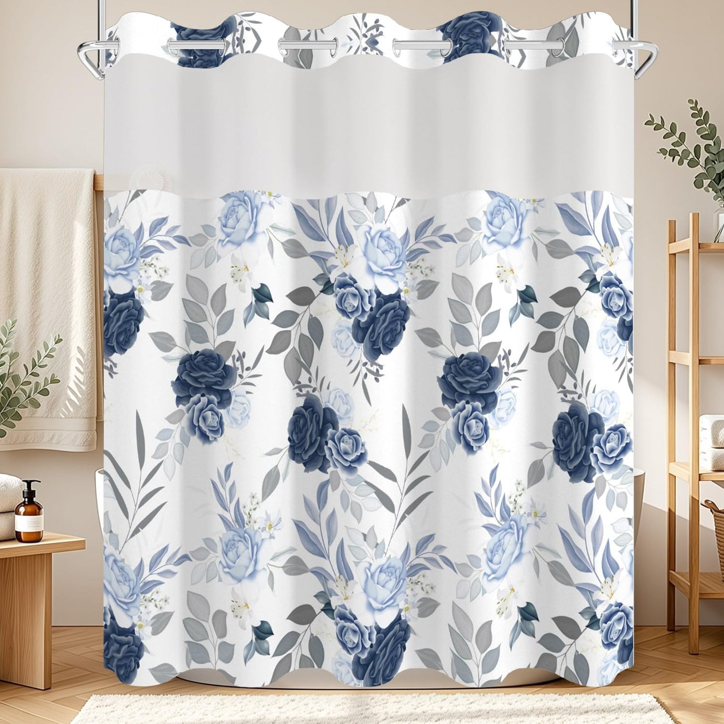 NAEMBCU Boho Floral No Hook Shower Curtain with Snap in Liner Set 71x74 in