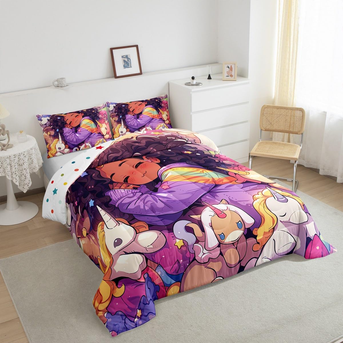Black Girls Twin Comforter Set for Girls,Cartoon Unicorn Quilt American African Kids Bedding Set,Afro Hair Girl Princess Melanin Down Comforter Magical Animal Dreamy Horse Kawaii Room Decor