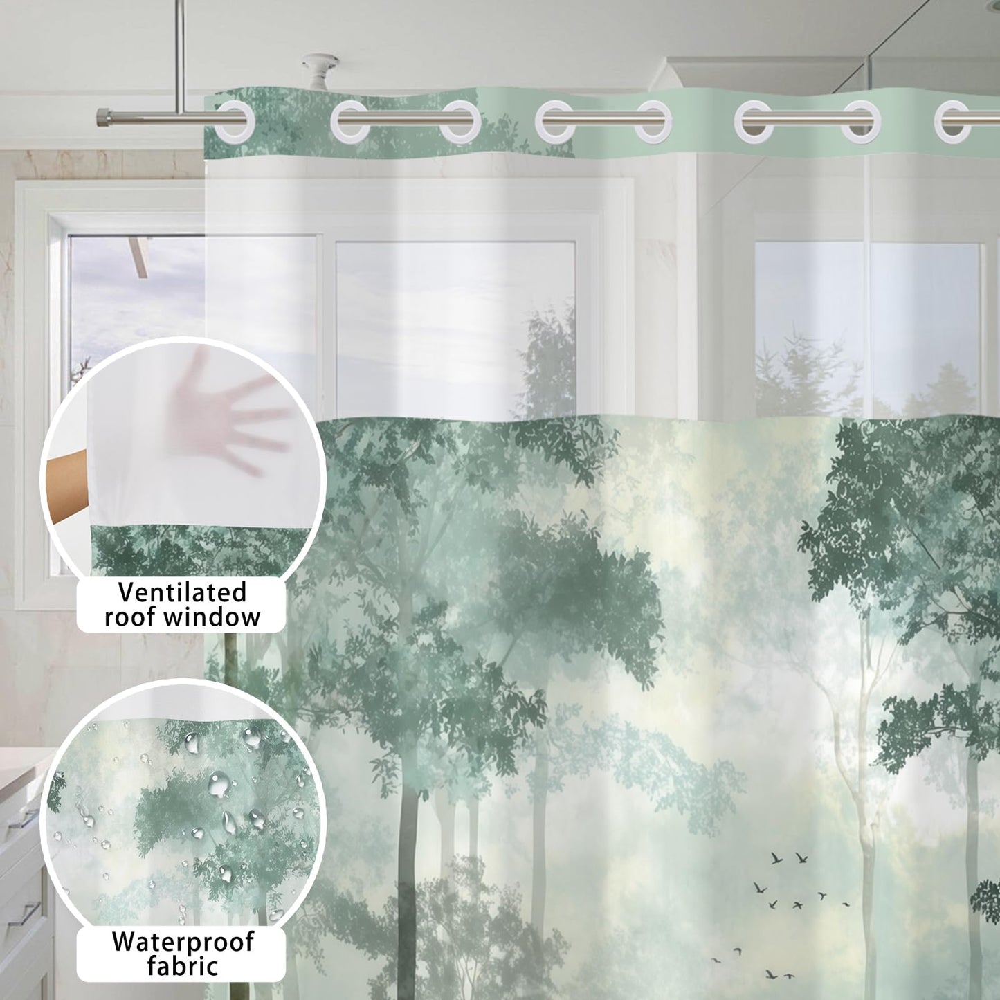 Xiazhilaio No Hook Nature Shower Curtain with Liner 71 x 74 Inch - Sage Green Misty Forest Pattern, Waterproof Fabric Bath Curtain with Mesh Top for Modern and Rustic Bathroom Decor