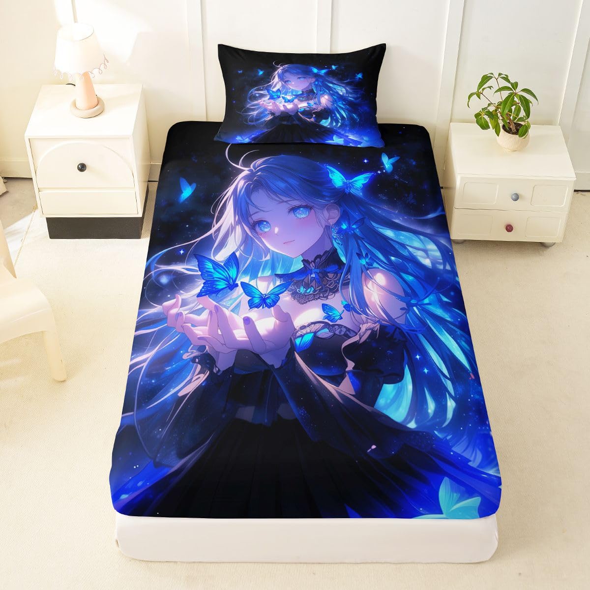 Erosebridal 3D Japanese Girl Bed Sheets Set Blue Butterfly Decorations Sheets Twin,Cartoon Sheet Set for Boys Girls Anime Gifts for Her Bedding Sets Bedroom Decor 3 Pieces