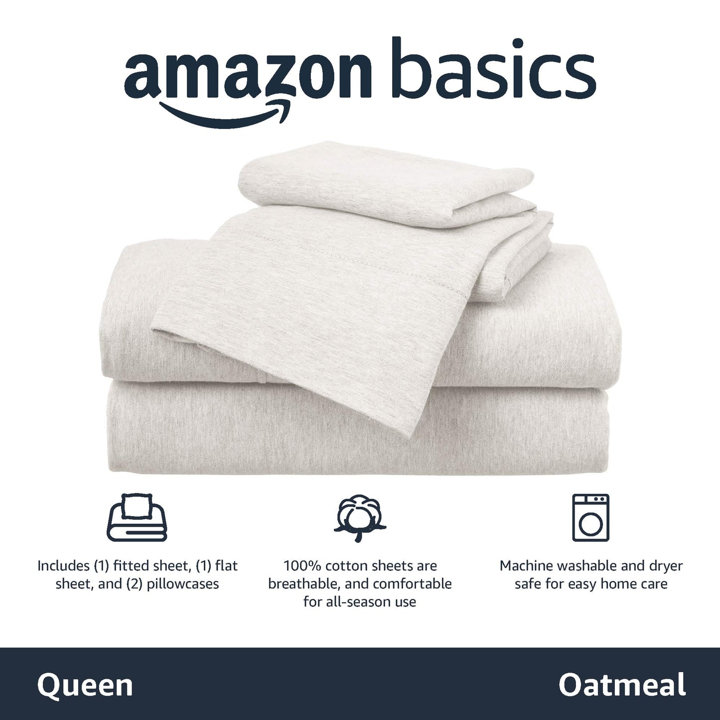 Amazon Basics 4-Piece Soft, Breathable 100% Cotton Jersey Knit Bed Sheet Set with Deep Pockets, Includes Flat and Fitted Sheets, Pillowcase, Queen, Oatmeal, Solid
