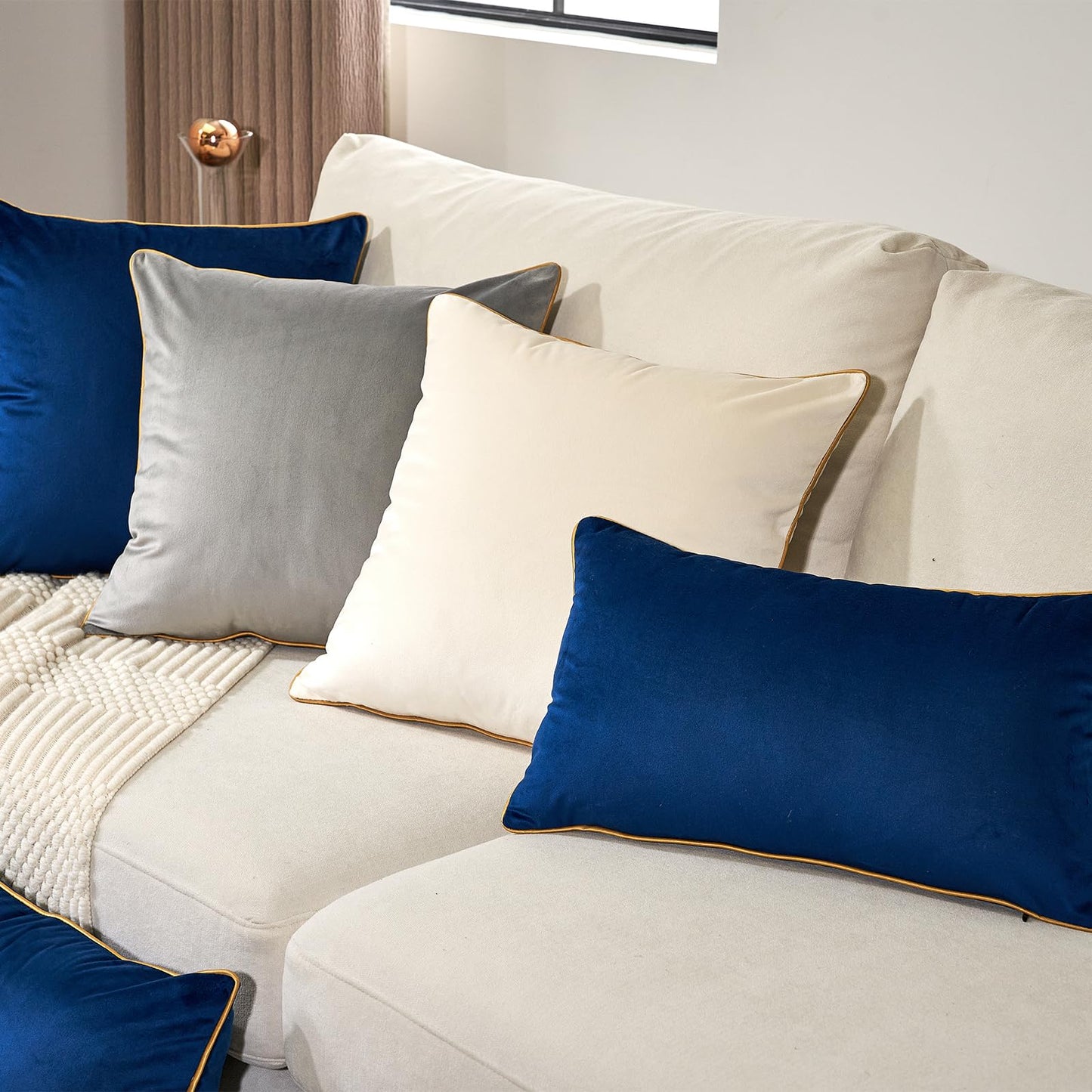 Aeckself Pack of 2 Luxury Velvet Navy Blue Lumbar Pillow Covers 12 x 20 Inch, Modern Decorative Pillowcase with Gold Trim Edge, Comfortable Soft Solid Cushion Case for Couch Bedroom Living Room