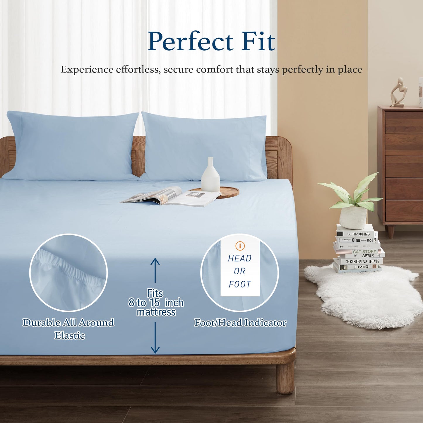 HOMTEC 100% Cotton Percale Fitted Sheet California King Size, 8-15" Deep Pocket Cooling Bottom Sheet, Breathable Soft & Crisp Fitted Sheet Only with 4 Corner Straps (Cal King, Light Blue)