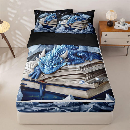 jejeloiu Blue Dragon Zipper Bedding Twin Cartoon Animal Zipper Bedding Sets for Kids Boys Girls Flying Dragon Comforter Set with Fitted Sheet and 2 Pillowcases Mysterious Animal Bedroom Decor