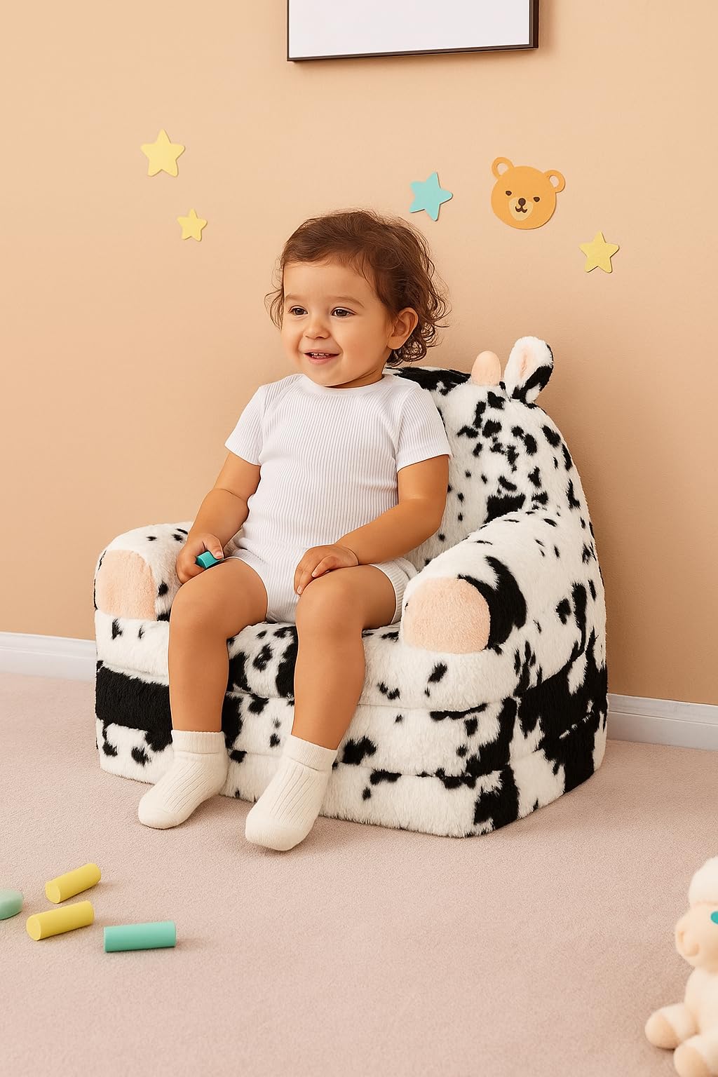 QIUODO Toddler Chair with Faux Rabbit Fur – 2-in-1 Foldable Kids Couch, Soft Sofa for Reading, Bedroom or Playroom Use, Ages 1-3（Cow）