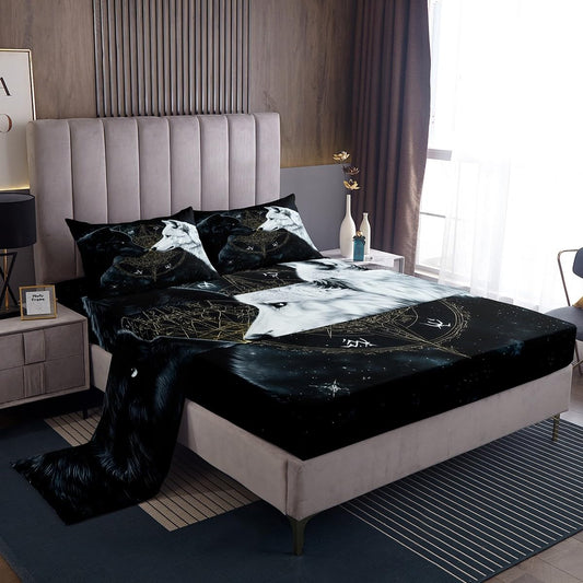 Black White Wolf Bedding Sets Full Size,Wild Life Bed Sheets 4Pcs,Sun Moon Starry Sky Fitted Sheet for Kids Teens Men Boys Room Decor,Magical Boho Style Black Top Flat Sheet,2 Pillowcases