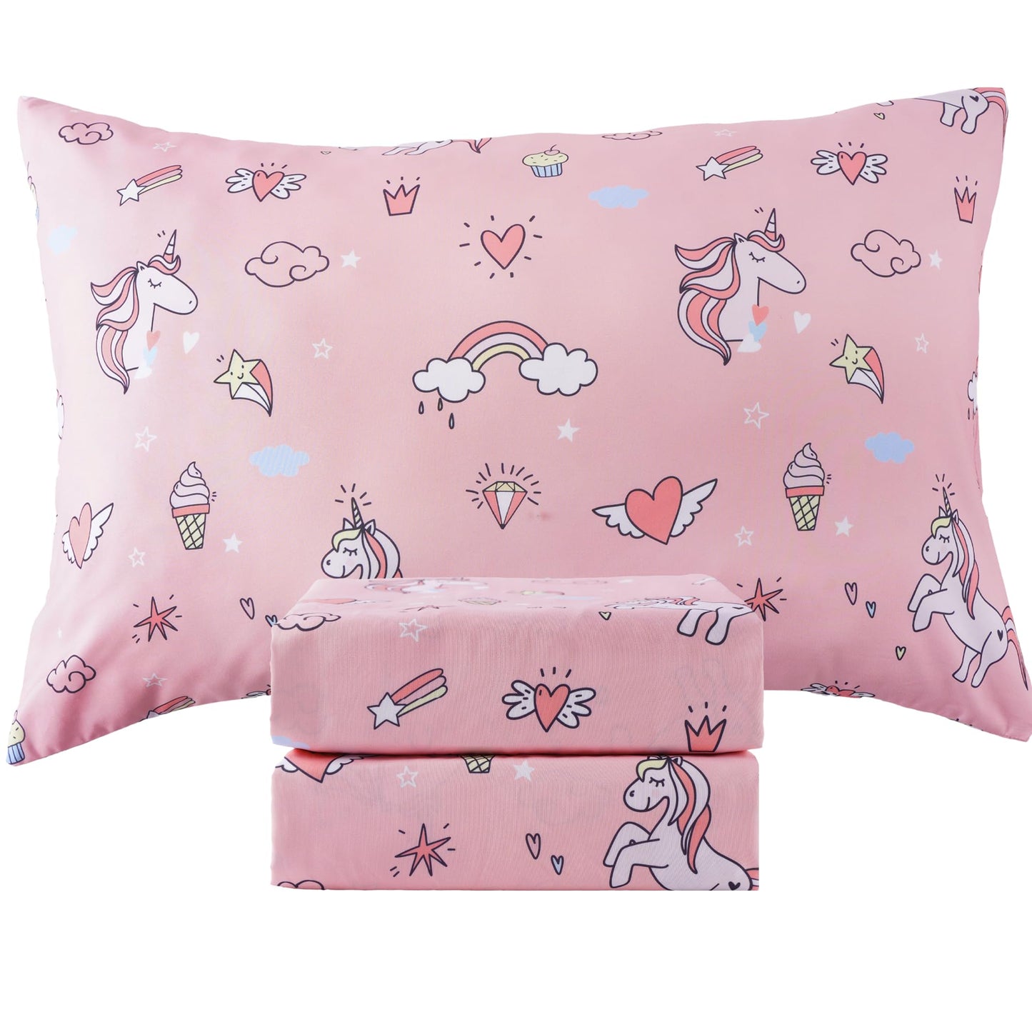 Bunnikins & Clover Unicorn Kids Sheet Set Twin Size, 3 Piece Soft Microfiber Bed Sheets, Deep Pocket Pink Toddler Bedding Set for Boys Girls