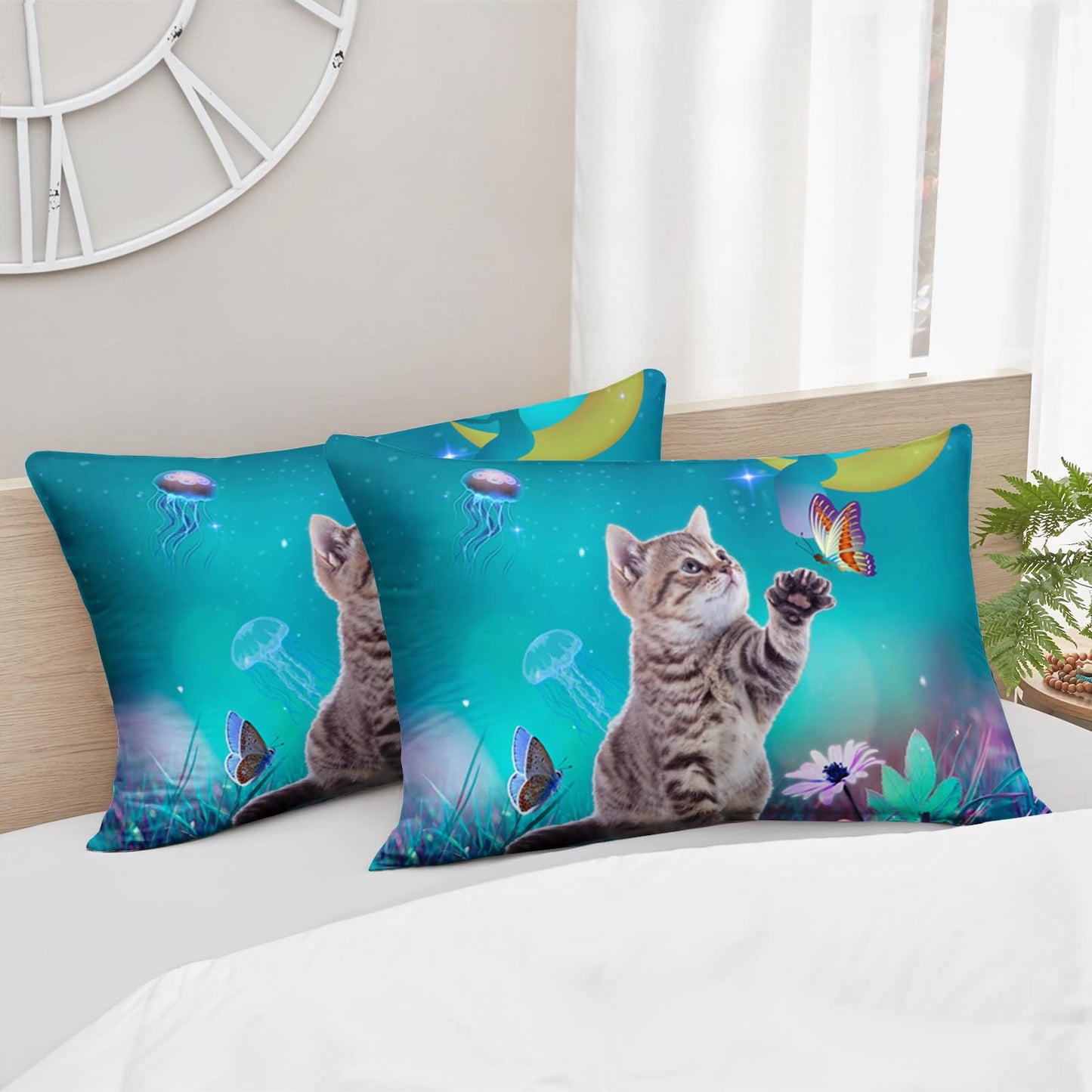 AILONEN Cat Bedding Set Twin Size with Girl Sitting on The Moon and Jellyfish Comforter Set for Kids Boys Girls,Dreamy Starry Soft Breathable Duvet Set 3 Pieces, 1 Quilt and 2 Pillowcases