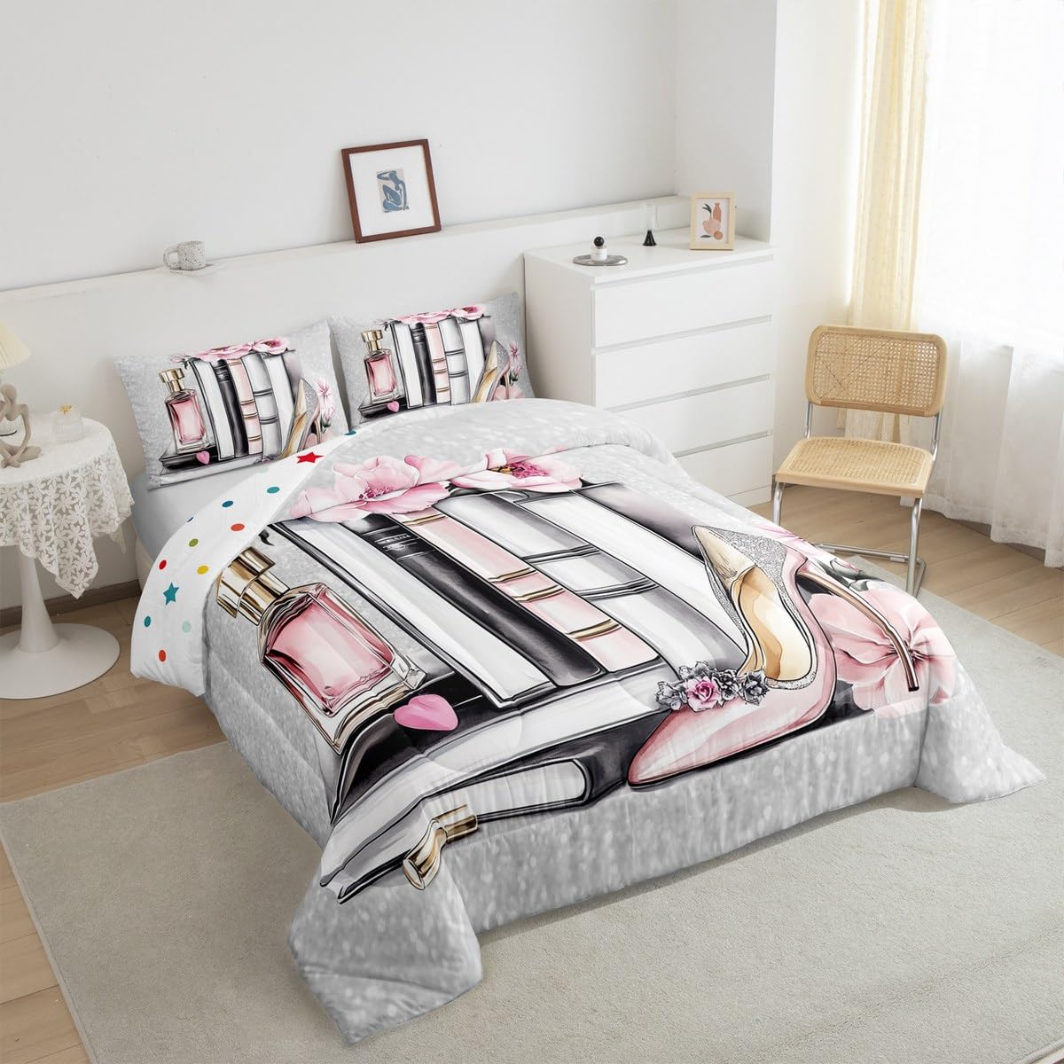 Erosebridal Pink Girly King Bedding Set Silver Fashion Comforter Set Women Girls Gray Pink Flower Perfume Quilt High Heels Magazine Books Floral Duvet Insert