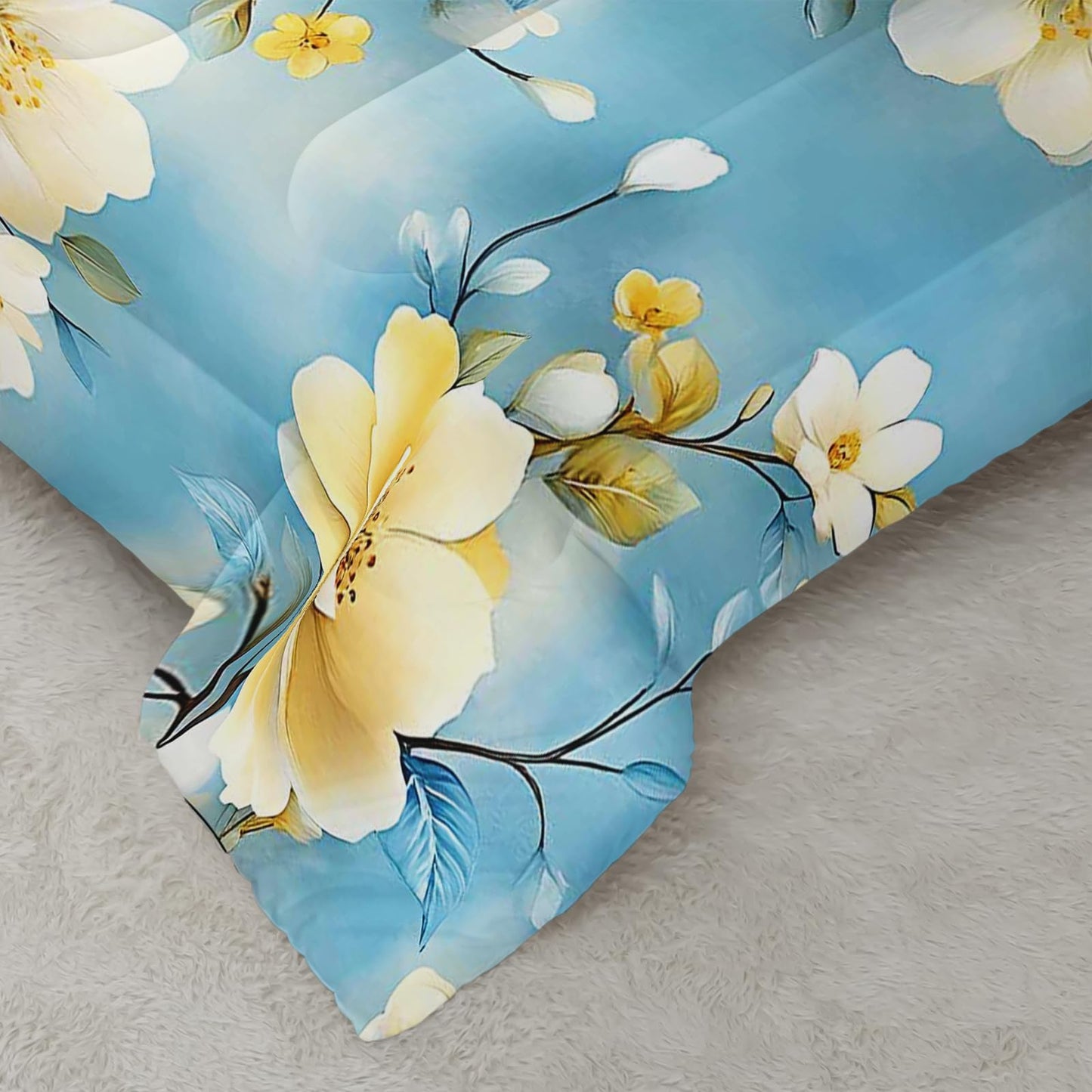AILONEN Twin Comforter Set 3 Piece, Golden Blossom Bedding with 2 Pillowcases, Blue Floral Cover for Kids Dorm Room
