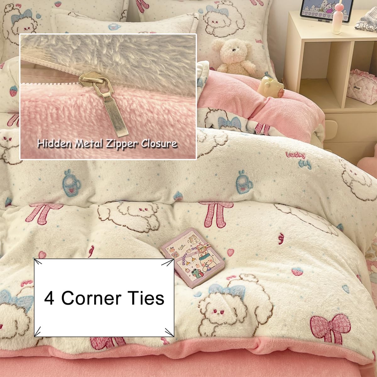 LMONMOO Pink Duvet Cover Queen, Puppy Kawaii Bedding Sets, Ultra Soft Cute Dogs Fluffy Comforter Covers Set for Girls Kids Women Teen (Puppy, Queen)