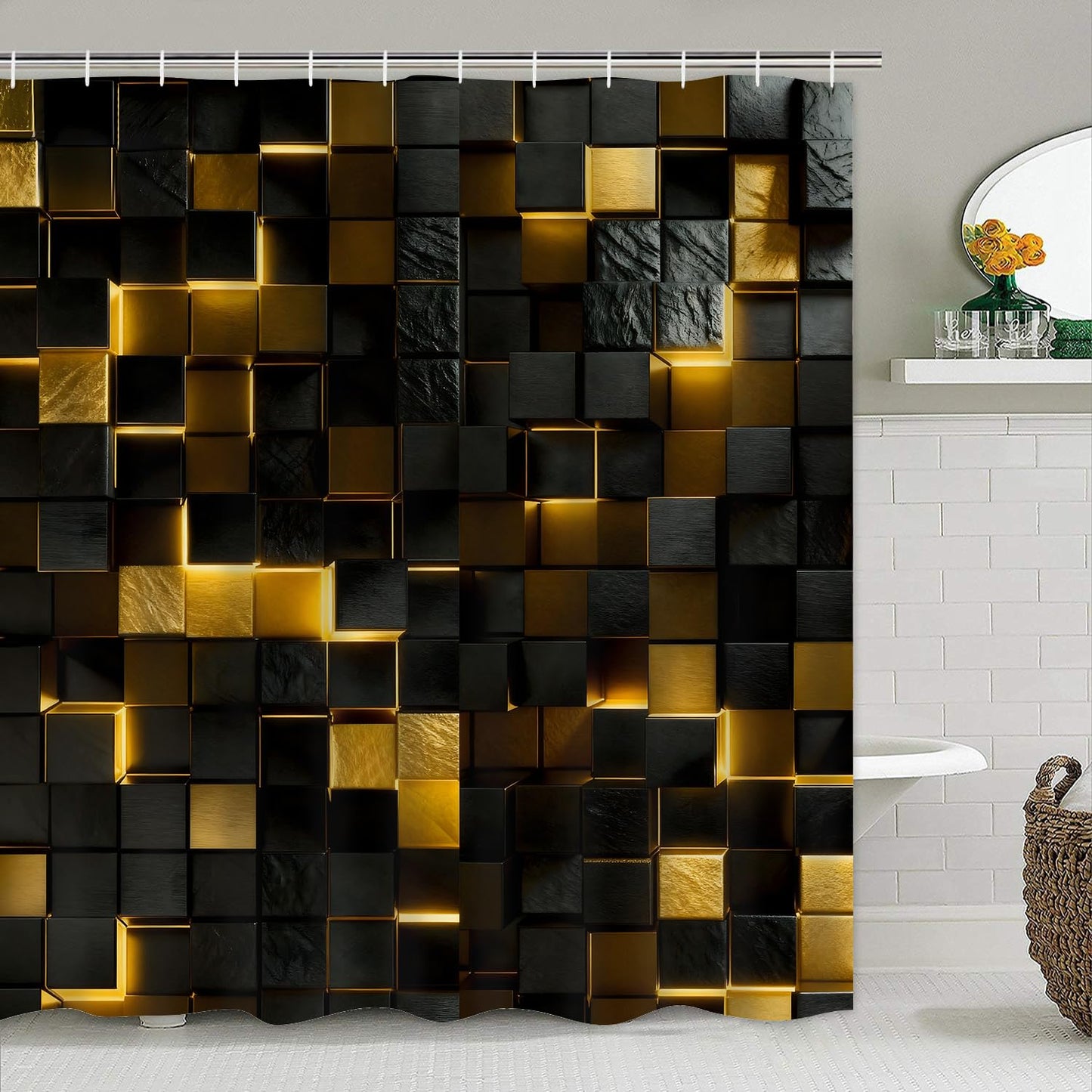 LQCOOL 4Pcs Black and Gold Shower Curtain Set 3D Cubes Bathroom Sets Modern Shower Curtain Set for Bathroom Sets with Rugs and 12 Hooks