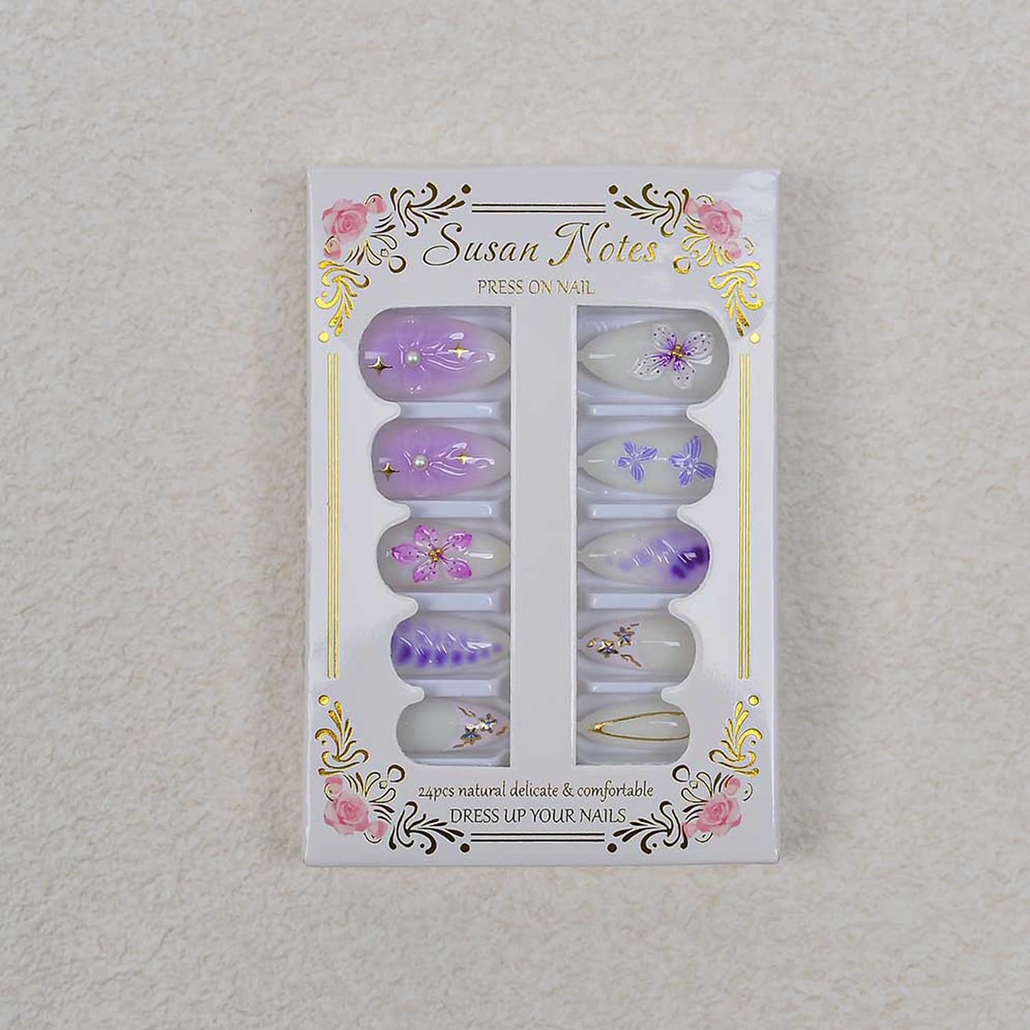 24Pcs Gradient Purple Flower Press on Nails Medium Almond Fake Nails with Floral Butterfly Star Designs Glossy French Nails Tip with 3D Floral & Pearl Nail Art Handmade False Nails for Women