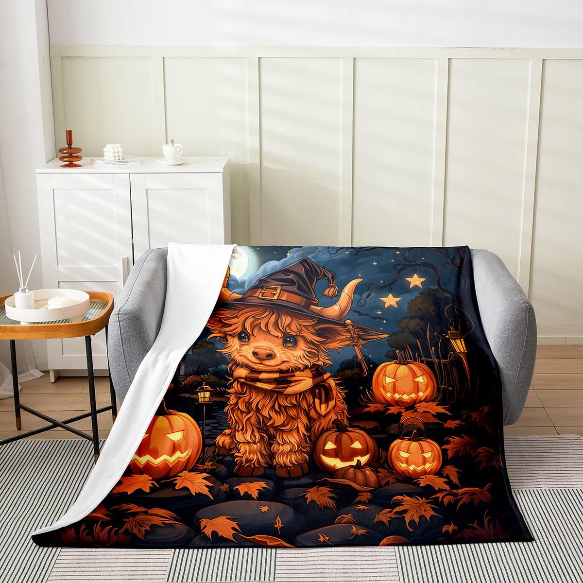 Feelyou Highland Cow Fleece Throw Blanket Halloween Themed Flannel Blanket Plush Fuzzy Spooky Pumpkin for Bed Couch Chair Living Room Trick or Treat Throw 50"x60" Cute Bedroom Decor