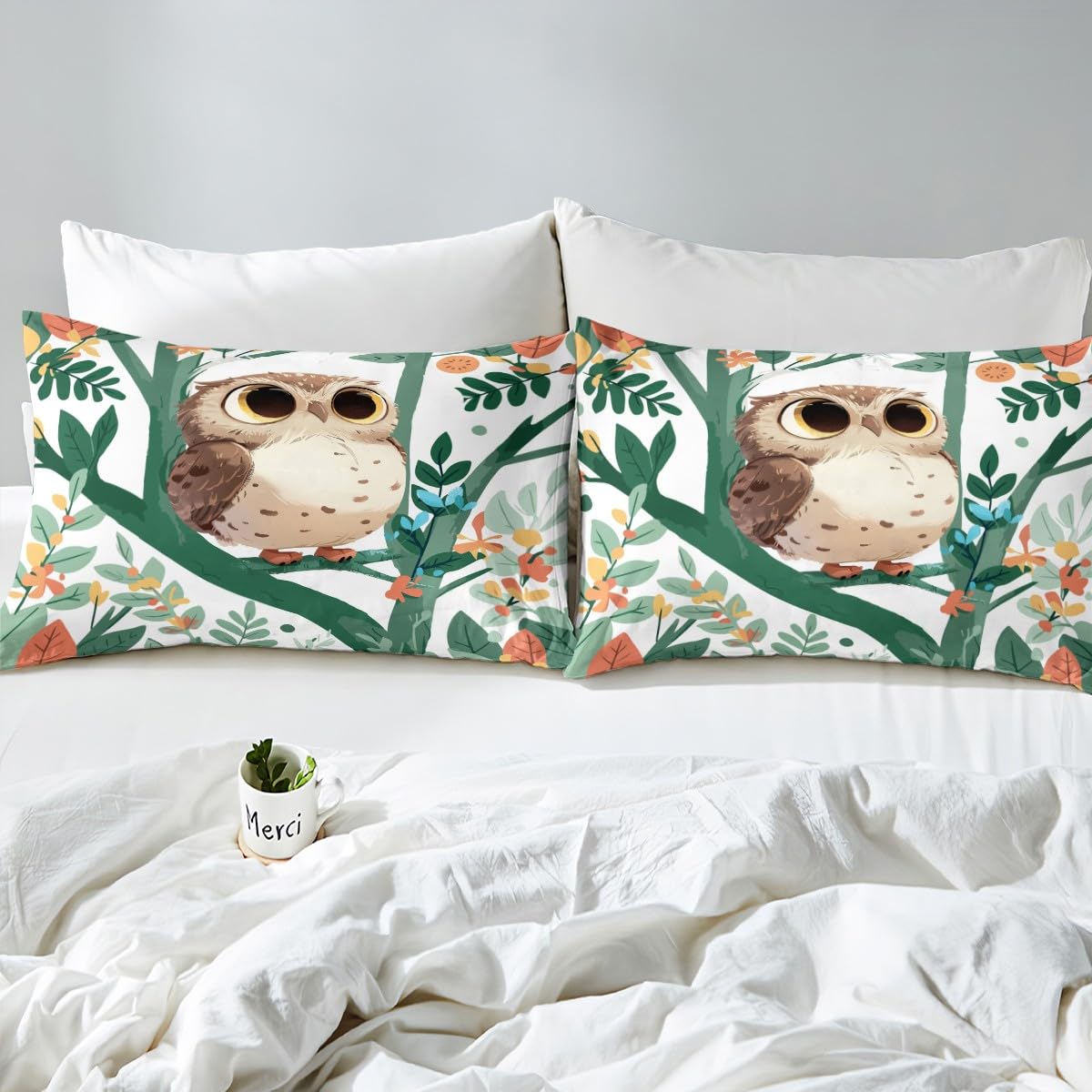 Feelyou Boys Girls Cute Owl Bed Sheets Set Queen Size, 3D Animal Printed Sheet Set Kids Bird Decor Sheets with Deep Pocket Fitted Sheet Cartoon Owls Design Teens Bedding Set Soft Bed Set 4Pcs