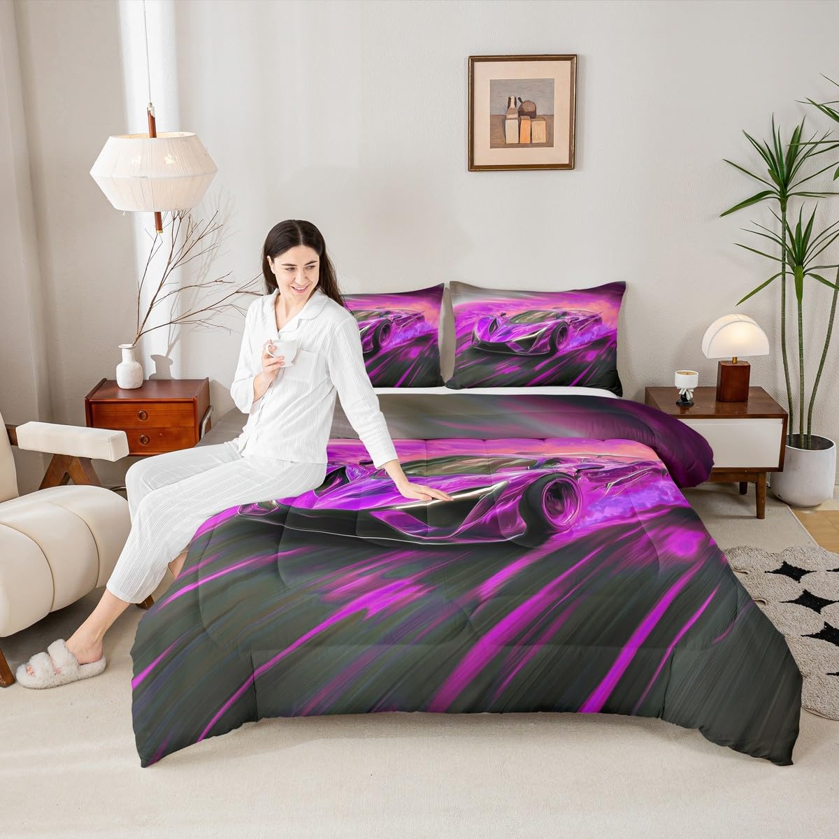 jejeloiu Race Car Comforter Set All Season Cooling Sports Car Bedding Set with 1 Pillow Cases Extreme Sports Microfiber Kids Twin Bedclothes Purple Bedroom Decor Duvet Quilt Breathable