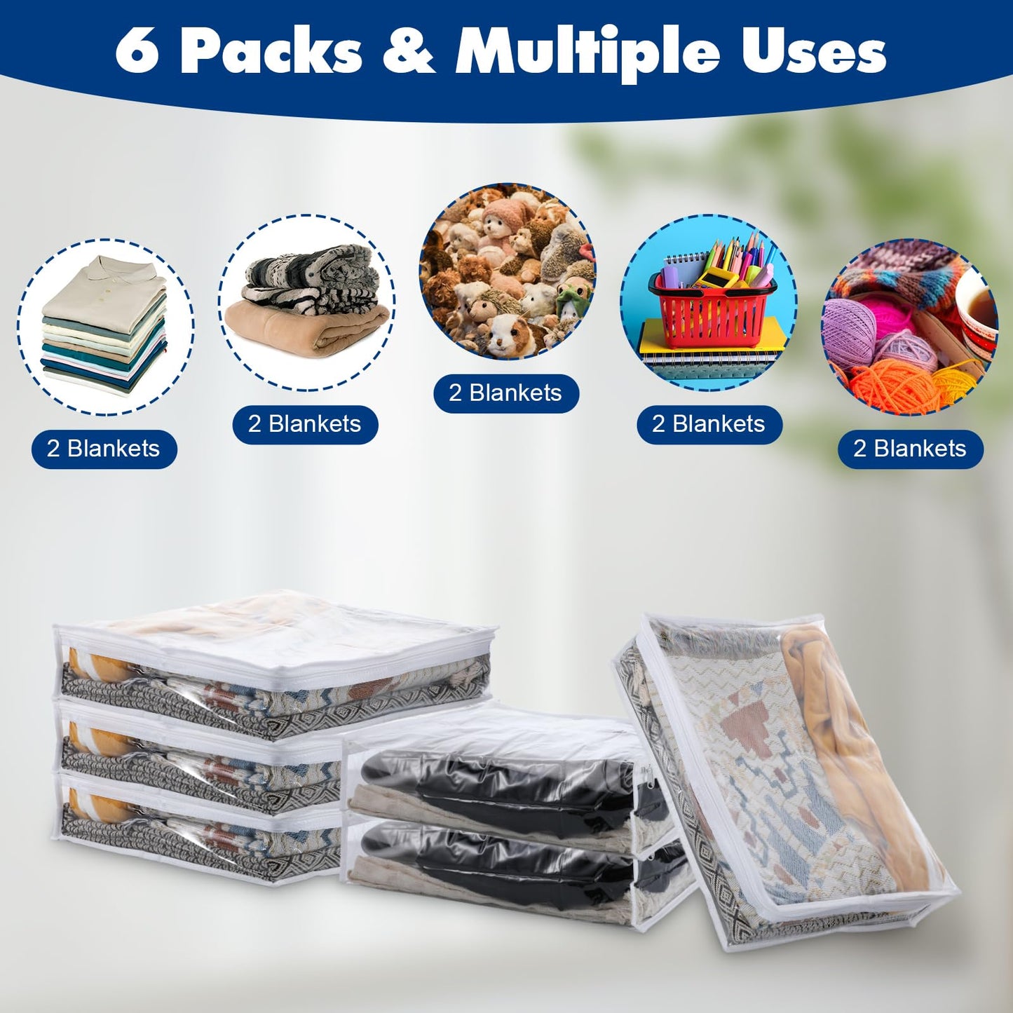 mekueeex 6 Pcs Clear Zippered Sweater Storage Bags with Zipper Plastic Sheet Organizer and Storage for Clothing Blankets Sheet Linen Bed Pillow Cube Organizer(16 x 12 x 4 Inch)