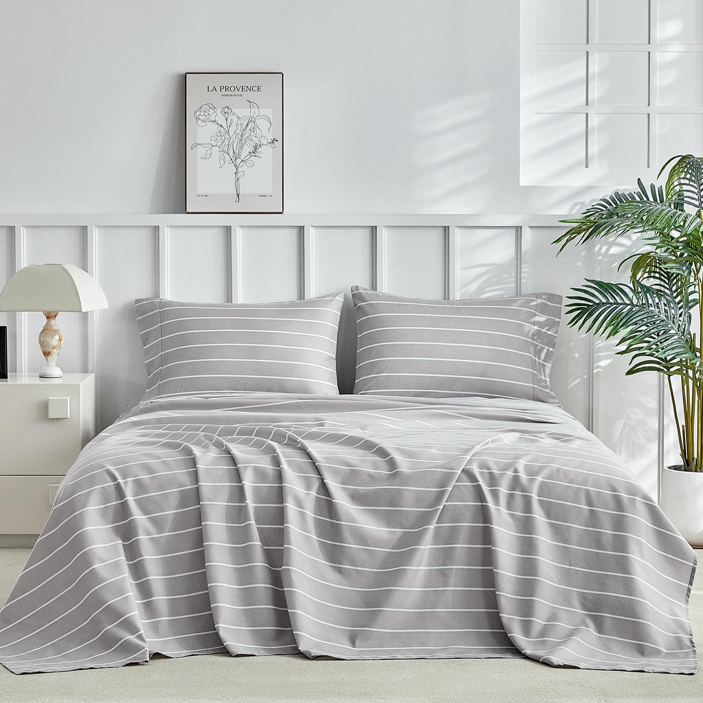 Tokokimo Gray Stripe Sheets Set King Size, 16 inches Deep Pocket Fitted Sheet, Flat Sheet & Envelope Closure Pillowcases, Soft Breathable Microfiber Sheet Set 4-Piece, Gray and White