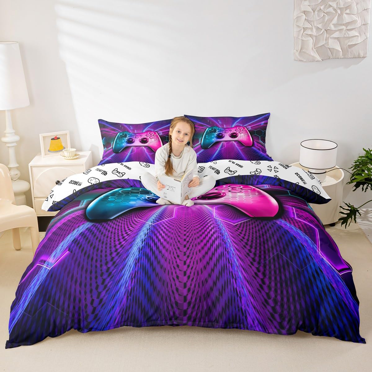 Gaming Gamepad Kids Duvet Cover Set Queen Size,Video Games Controller Fashion Bedding Set,Boys Girls Men Room Decor,Geometric Honeycomb Hexagon Comforter Cover,Blue Purple Quilt Cover,2 Pillowcases