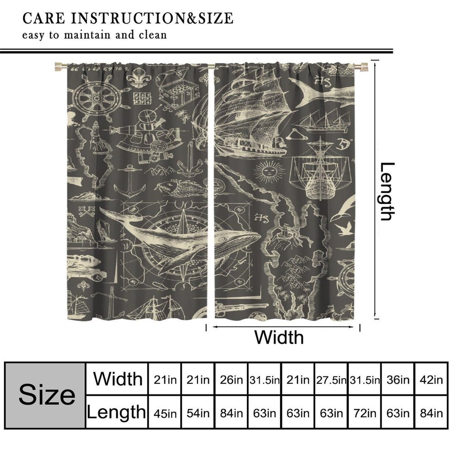 Retro Nautical Coastal Curtains Vintage Ocean Adventure Map Sail Whale Anchor Abstract Rod Pocket Window Treatments For Kids Boys Bedroom Living Room 2 Panels Set 41× 45 in (No Blackout)