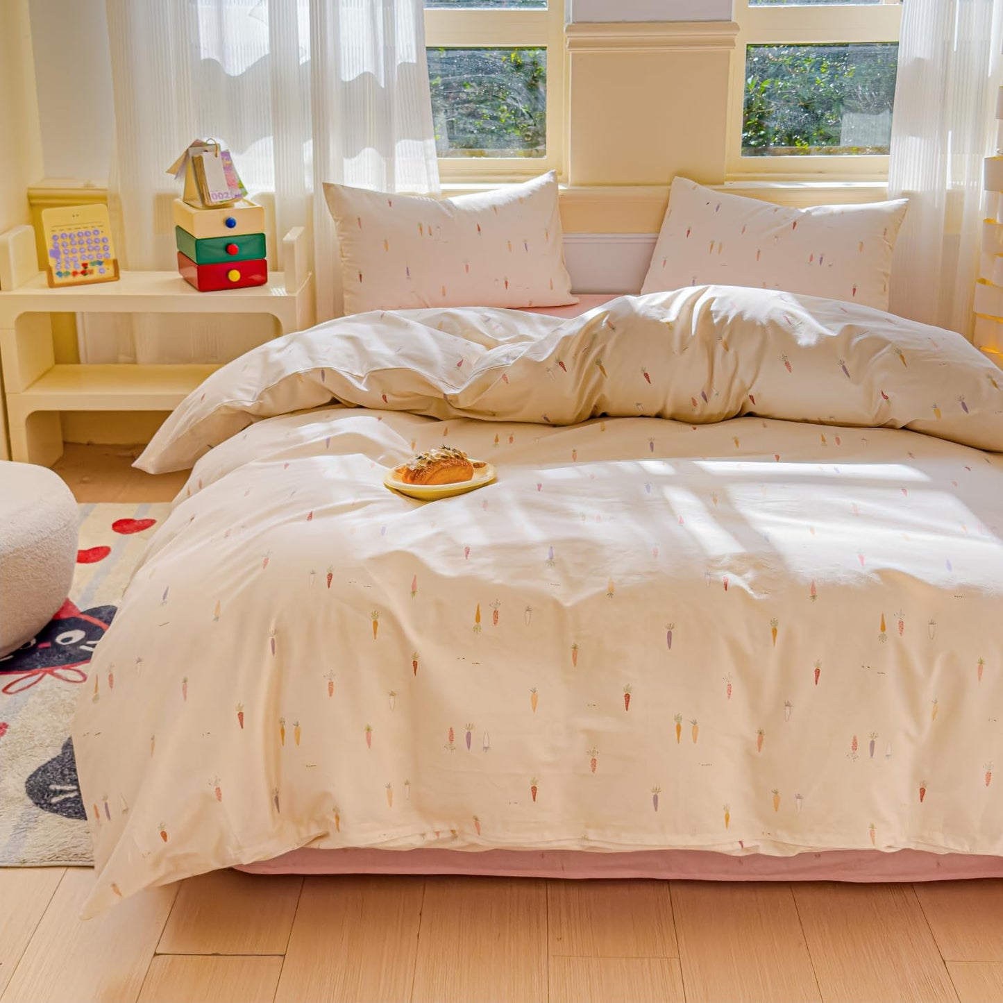 LIWHENHAO Duvet Cover Set Queen 100% Cotton Bedding Cartoon Cute Colorful Carrot Print on Cream White 1 Farmhouse Style Beige Comforter Cover Full 2 Pillowcases for Kids Girls Boys Woman