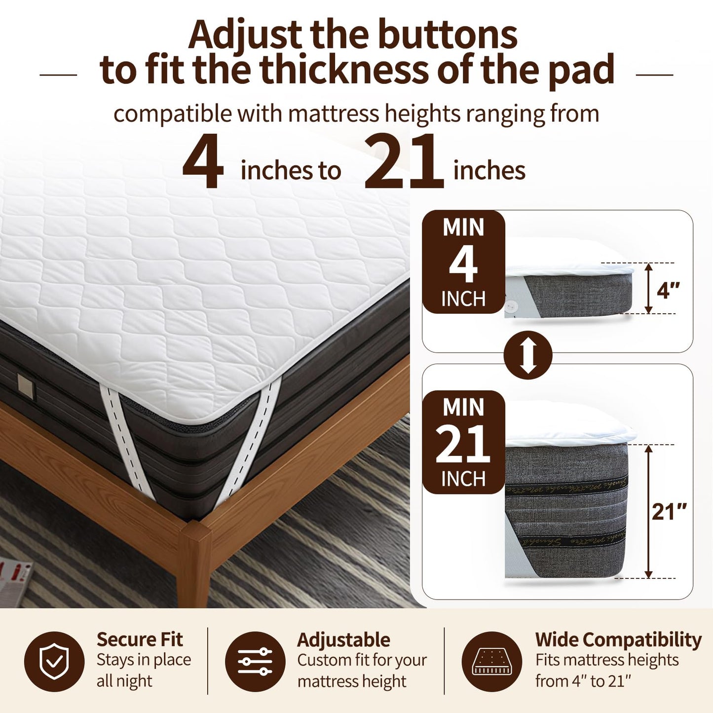 Florith Waterproof Mattress Protector Queen Size 60"x80"– Incontinence Bed Pad with TPU Backing, Adjustable Straps Fits 4-21" Deep Mattresses, Soft Quilted & Machine Washable, Breathable & Non-Slip