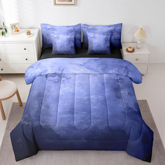 Erosebridal Blue and Black Abstract 7 Piece Full Size Comforter Set, Art Aesthetic Ombre Soft Bed in a Bag Bedding for Kids Girls Boys, Tie Dye Gradient Fitted Sheets Set, Smoky Watercolor Bed Set
