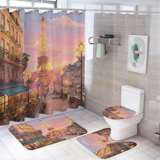 INSFBRB Modern Romantic Eiffel Tower Shower Curtain Set,Beautiful Colorful City Landscape Coffee Shop Paris Eiffel Tower 4 Pcs Bathroom Decor Accessories with 12 Hooks