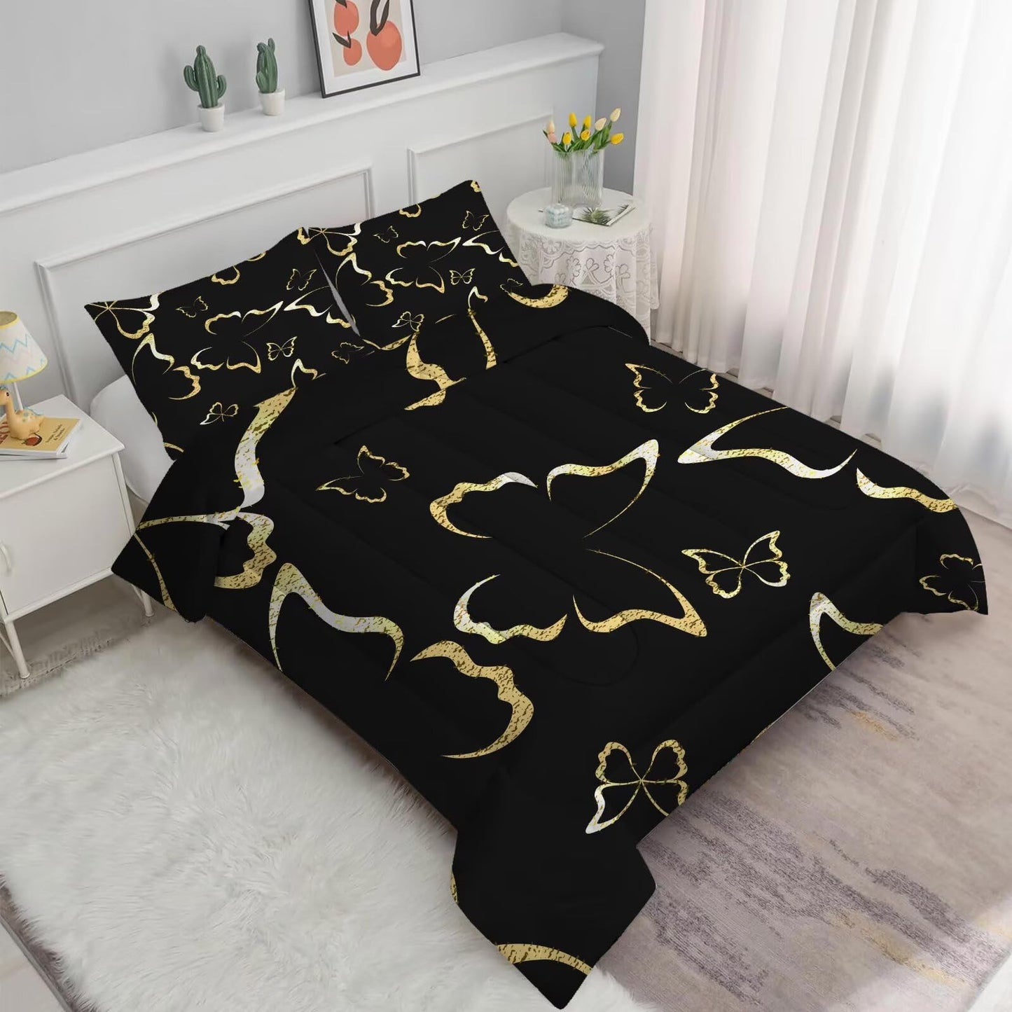 DAZYFA Black and Gold Butterfly Comforter Set Full/Queen Size Luxury Bedding for Boys Girls Men Women Adults Modern Bedroom Decor Bet Set, 1 Comforter 2 Pillowcases