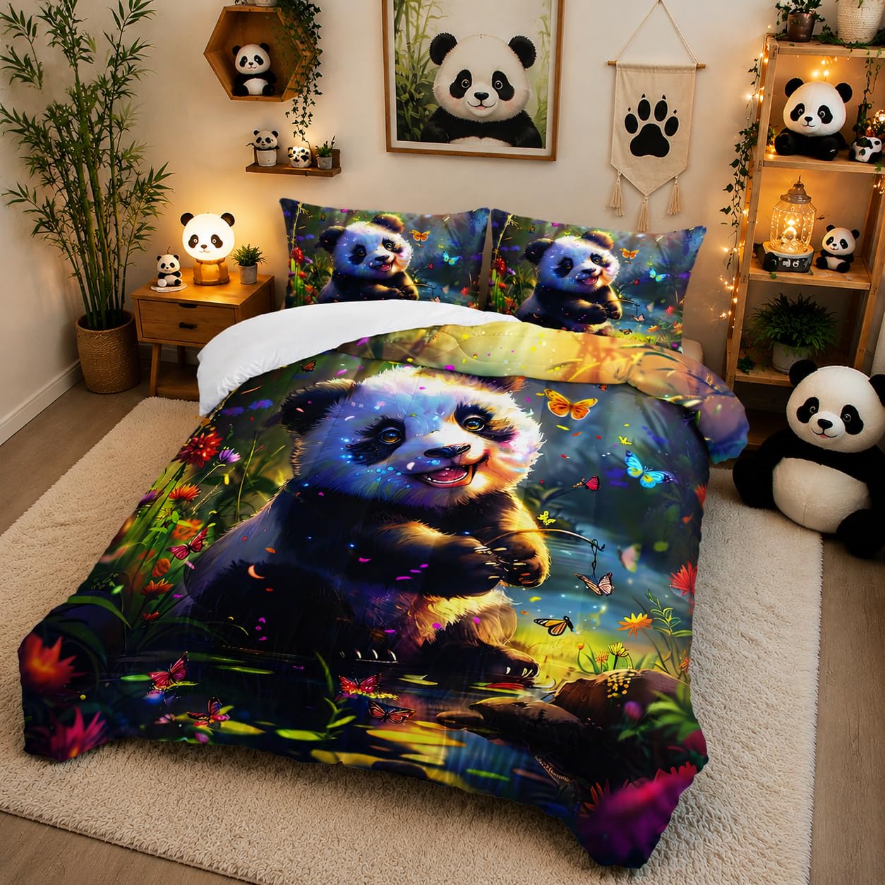 XYNHML Kawaii Black White Panda Comforter 3Pcs Panda Animal Themed Bedding Full Butterfly Bamboo Forest Quilt Set for Kid Teen Girl Boy Flower Botanical Bed Decor with 1 Comforter and 2 Pillowcases