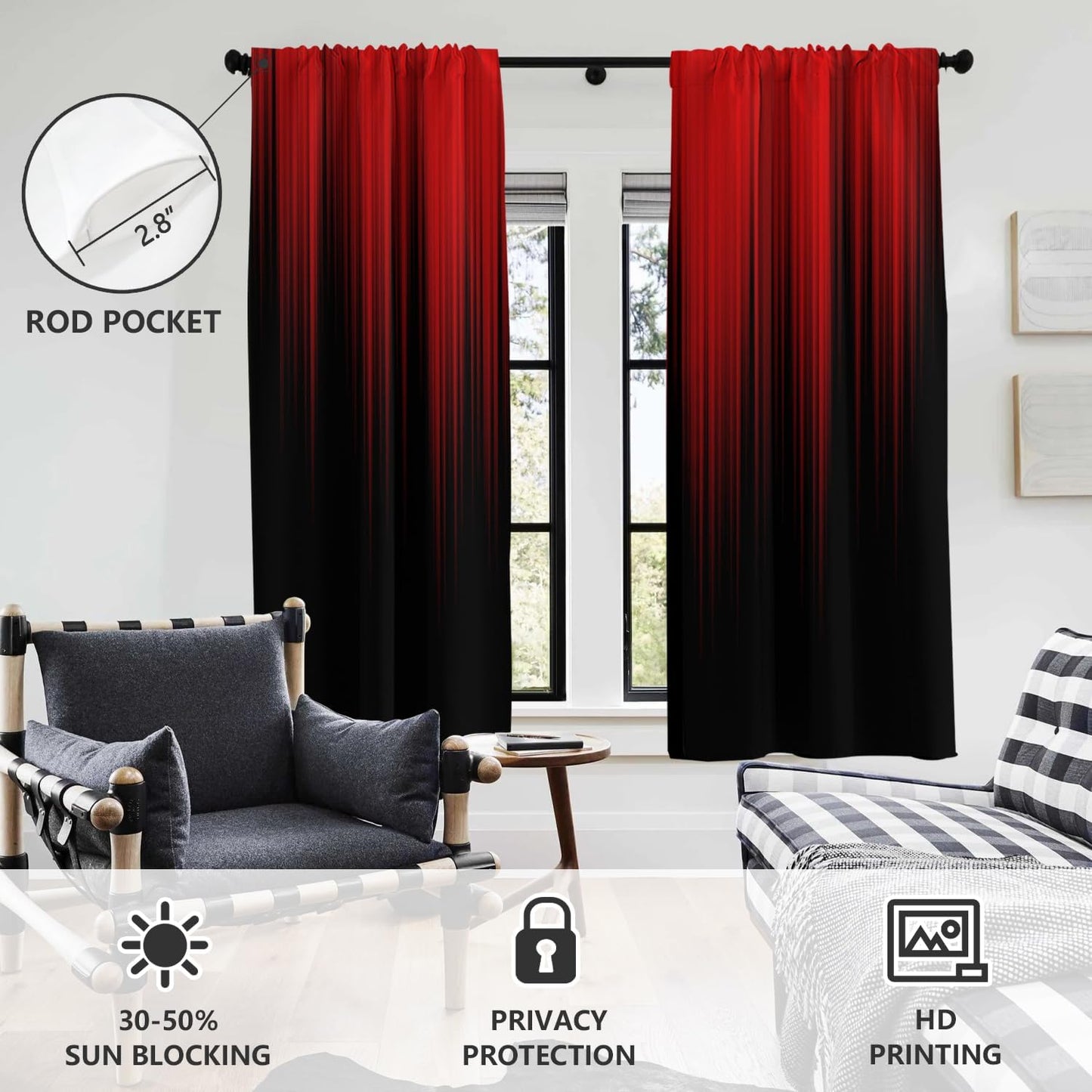 AAtter Red and Black Ombre Gothic Curtains, Dark Aesthetic Gradient Window Drapes for Bedroom, Cool Anime and Goth Room Decor, 2 Panels, 42" W x 63" L