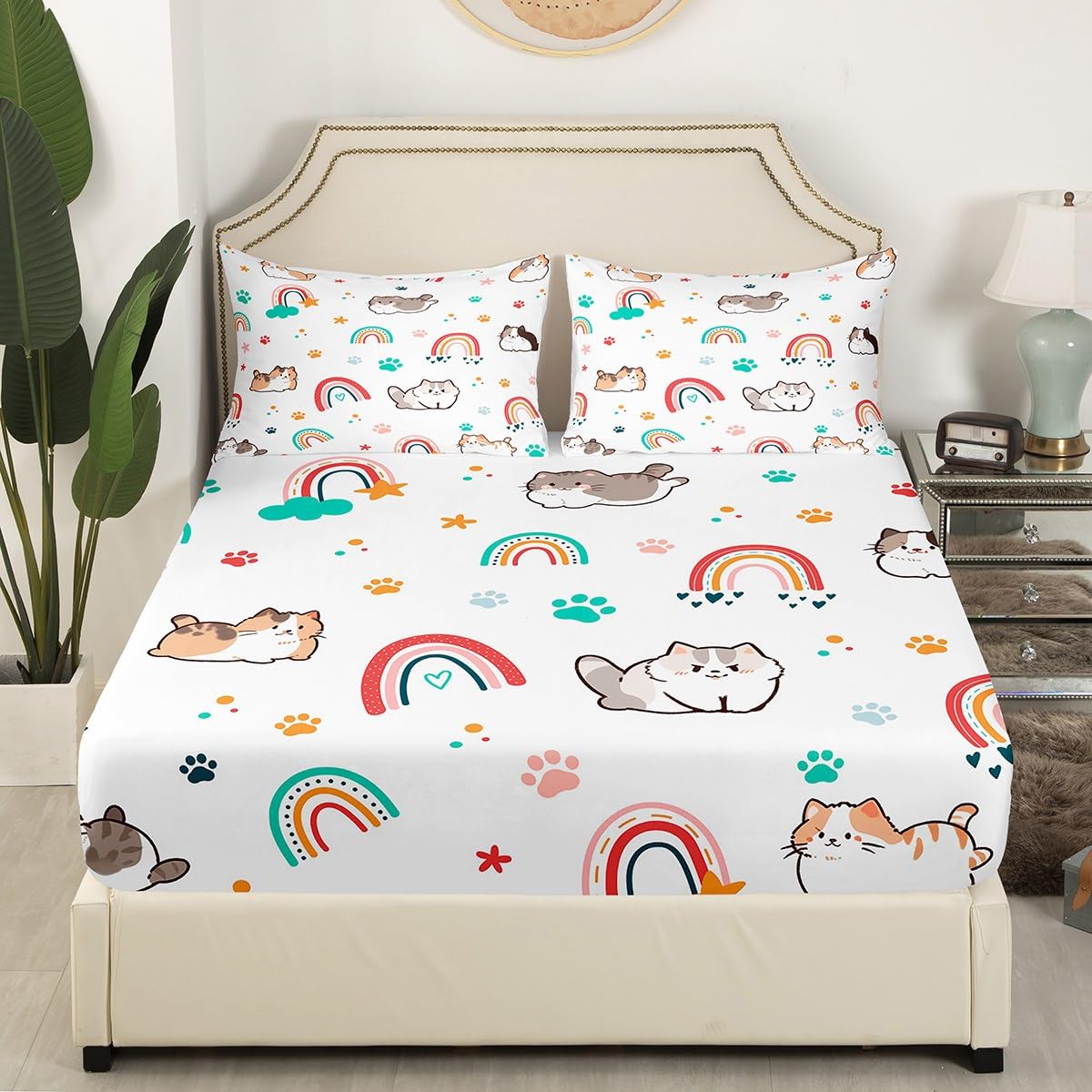 Kawaii Cats Bed Sheet Set for Kids,Rainbow Stars Cloud Cute Sheets Set,Cartoon Kittens Animal Home Decor Sheet Sets with Deep Pocket,Top Sheet,1 Pillow Case,Twin