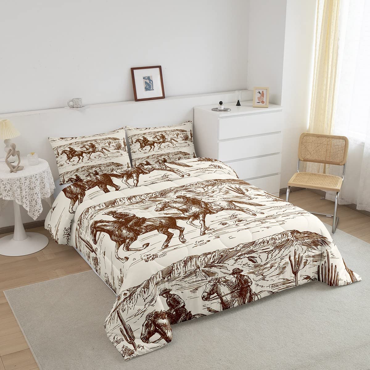 Erosebridal Western Comforter Set Queen Size Cowboy Bedding Set American Wild West Desert Hand Drawn Illustration Down Comforter Country Theme Bedroom Decor Duvet Set for Boys Men Teens