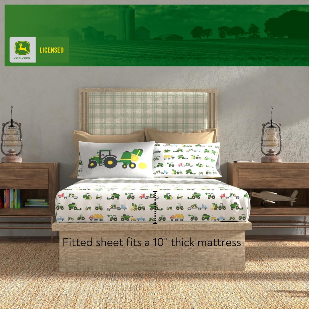 Franco Kids John Deere Farm Equipment Bedding 4 Piece Super Soft Reversible Comforter and Sheet Set, Twin, (Officially Licensed Product)