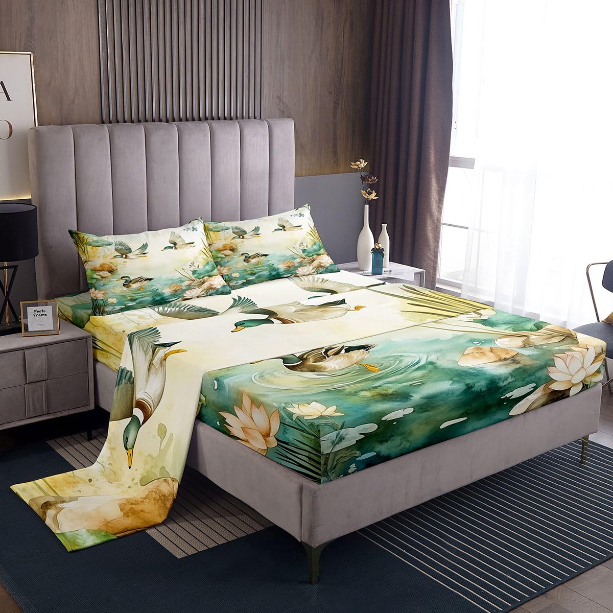 Erosebridal Wild Duck Sheet Set Full | Hunting Wild Animal Bed Sheets for Kids Boys Girls Natural Rustic Design Flat Fitted Sheet Lodge Cabin Farmhouse Sheets 3 Pcs