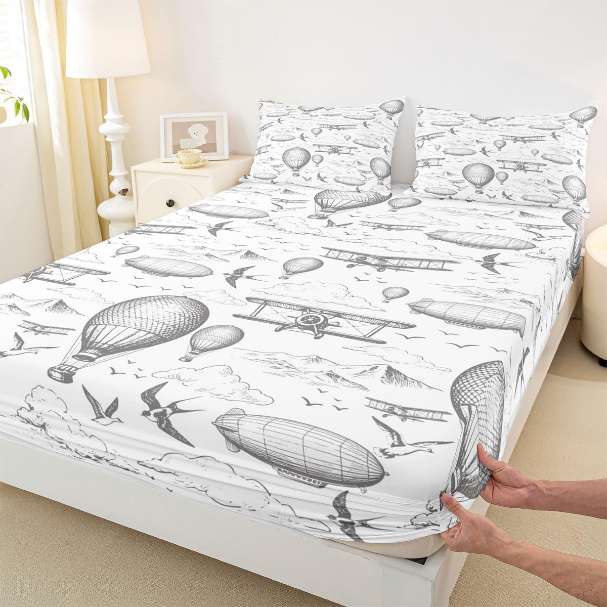 Airplane Hot Air Ballon Fitted Sheet Full Size (No Flat),Aircraft Bedding Set 3Pcs,Kids Boys Teens Room Decor,Sky Cloud Airship Bed Sheets Sketch Grey White Deep Pocket Sheet,2 Pillowcases
