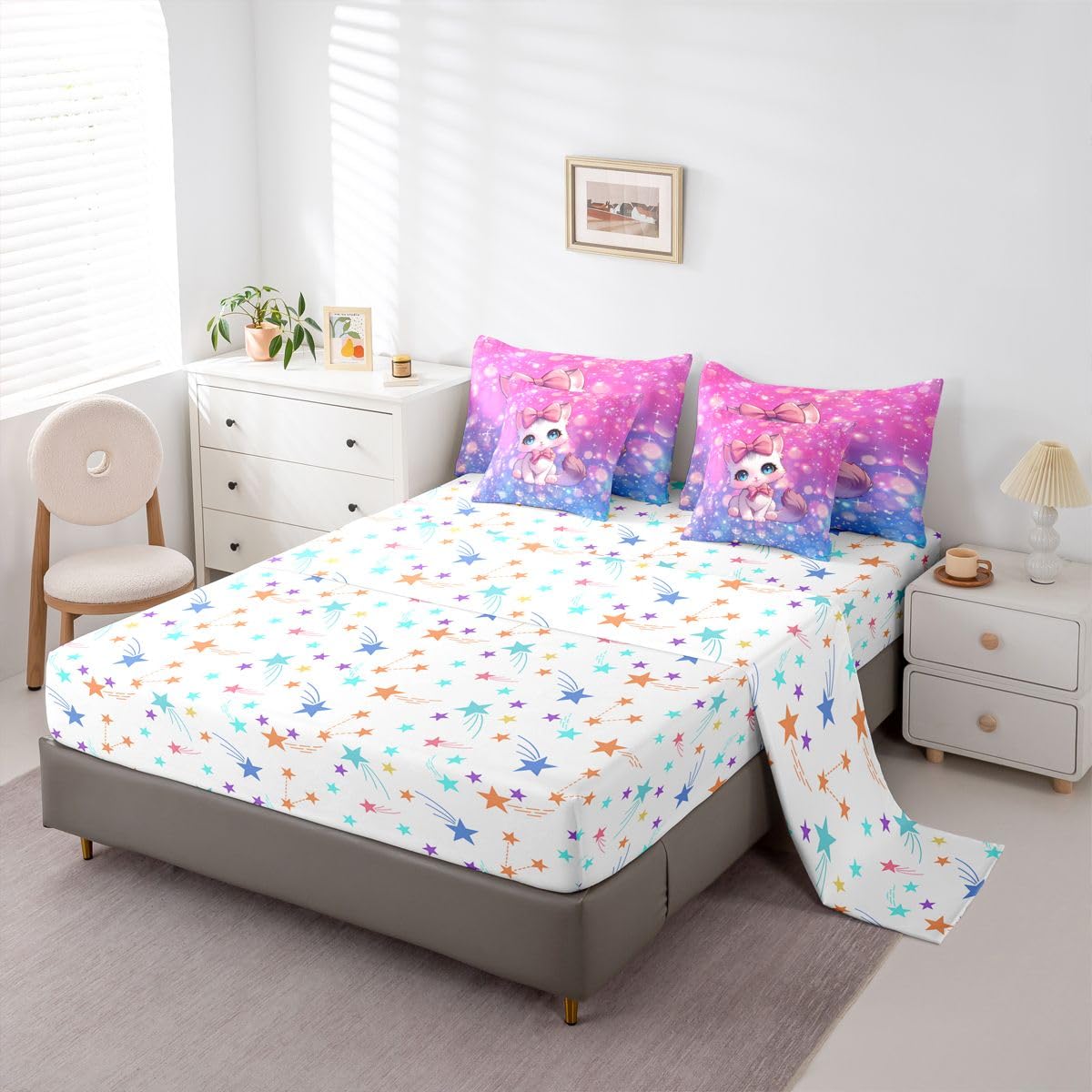 Feelyou Cat Twin Comforter Set with Sheets for Kids Boys Girls Cute Kitten 7 Pieces Bedding Set Cute Animal Bed in a Bag Cat Lover's Gift Room Decor Soft Lightweight Microfiber
