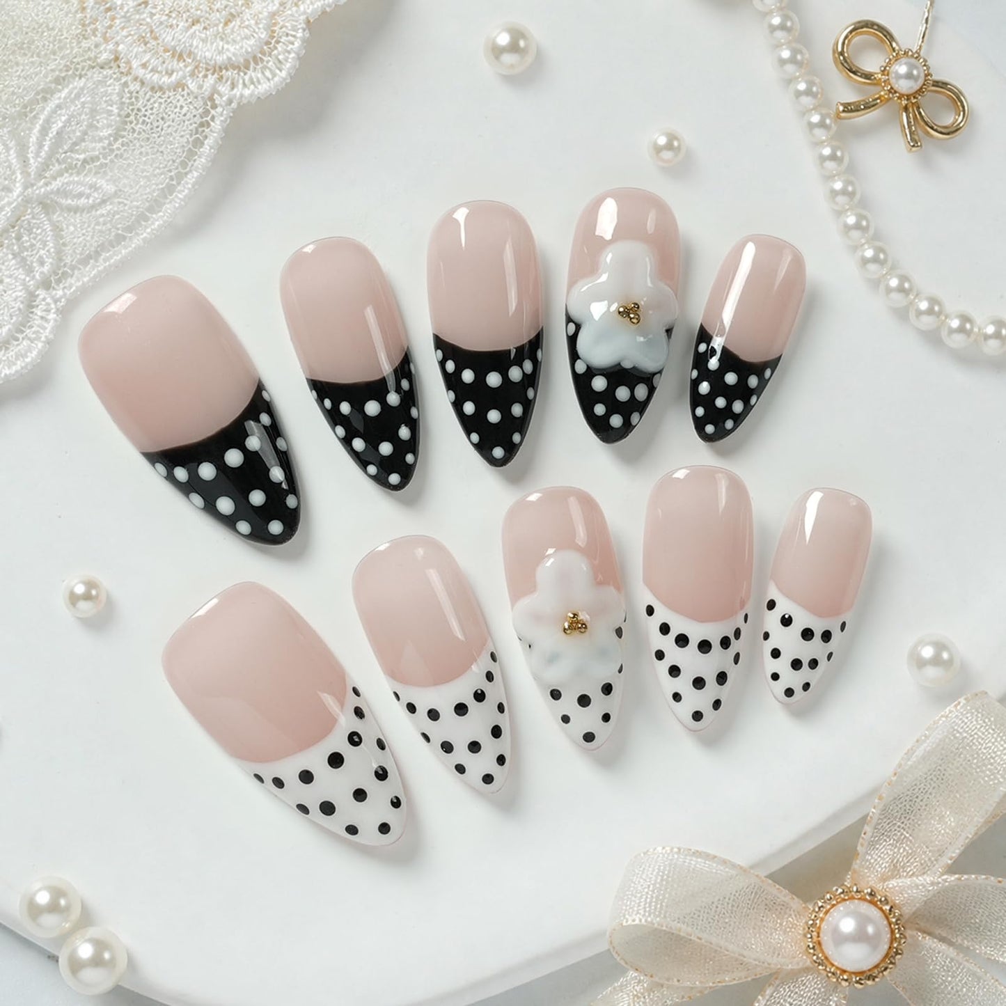 Tesytto Press On Nails Medium Almond, Handmade 3D Flower Polka Dot Fake Nails, French Tip Nude Black White Acrylic Nails, Reusable Press-On Nail Kit (Pink Polka Floral Rhyme,M)