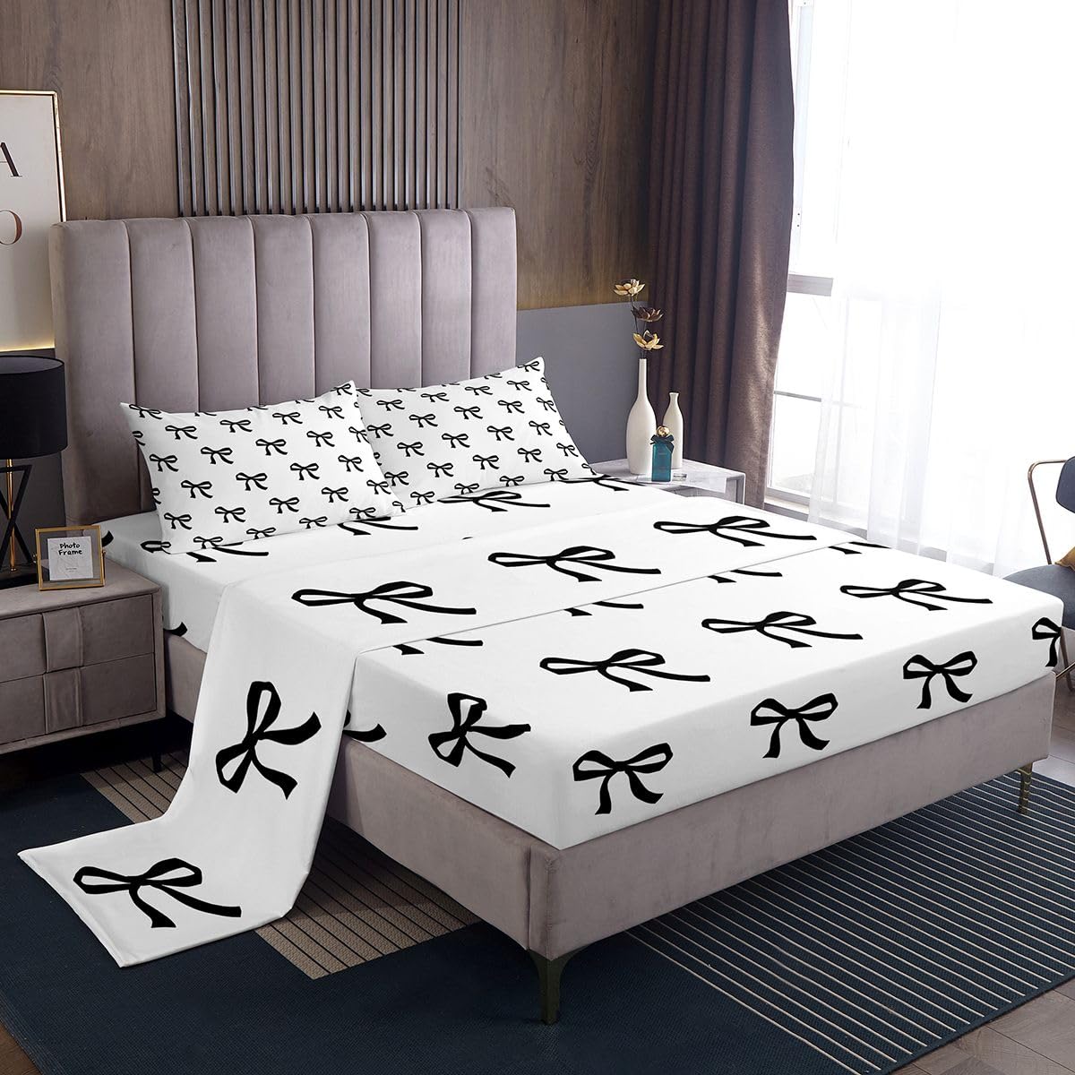 Castle Fairy Black Bow Sheet Set Cartoon Bowknot Modern Romantic Bedding Set Girlish Cute Bed Sheets Teens Room Decor Black White 1 Soft Polyester (Twin Flat & Fitted Sheet with 1 Pillow Case)