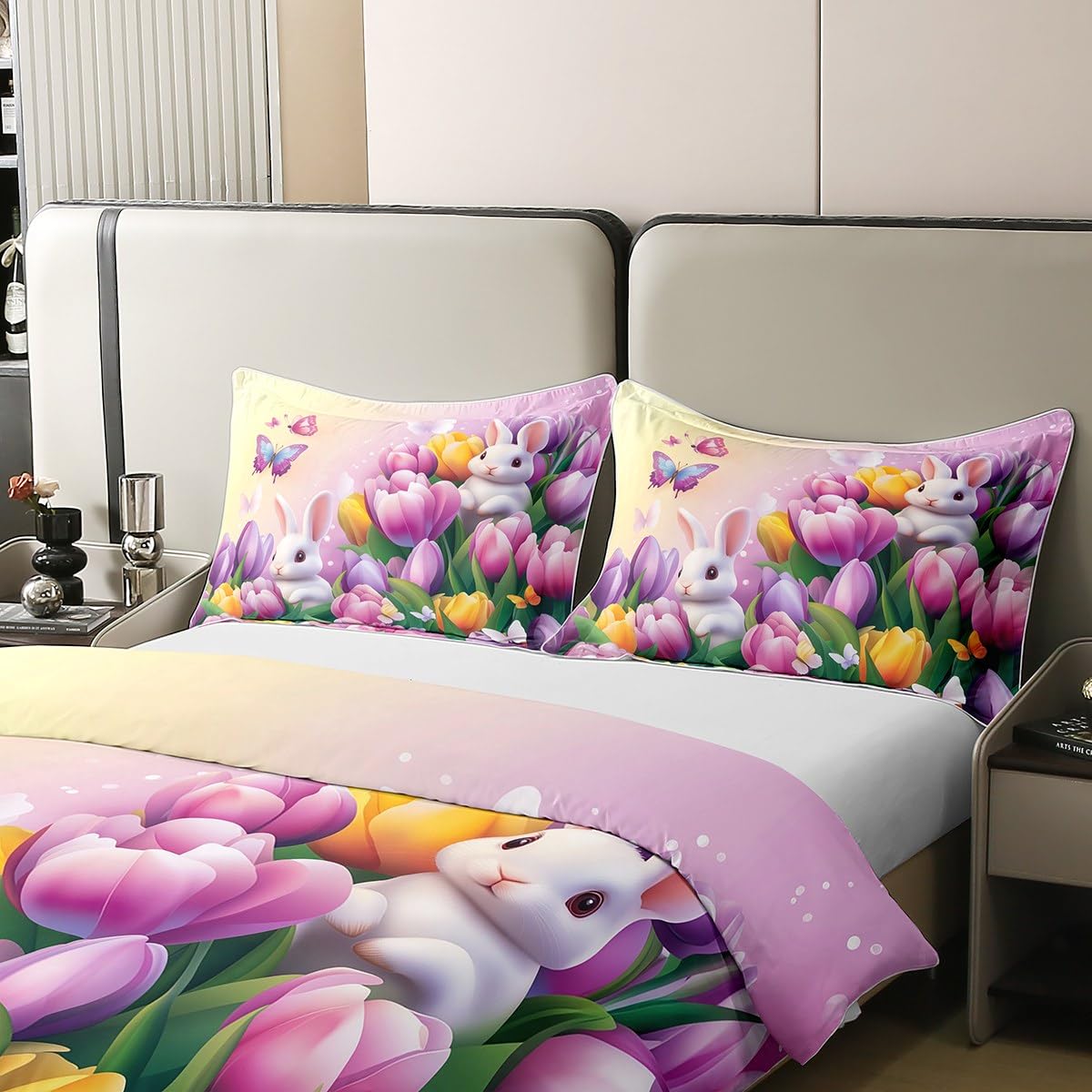 Erosebridal Pastel Tulip Comforter Cover Twin Size 100% Cotton Cover Spring Tulip Flowers Duvet Cover Pink Purple Garden Floral Bedding Set Cute Kawaii Rabbit Bed Set for Kids Boys Girls