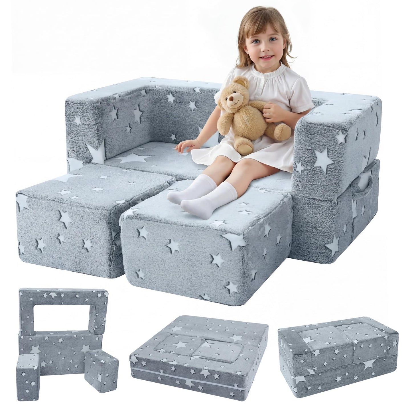 MeMoreCool Modular Kids Play Couch Sofa – Glow-in-the-Dark Star Design, Fold-Out Toddler Couch for Playroom Furniture, Grey