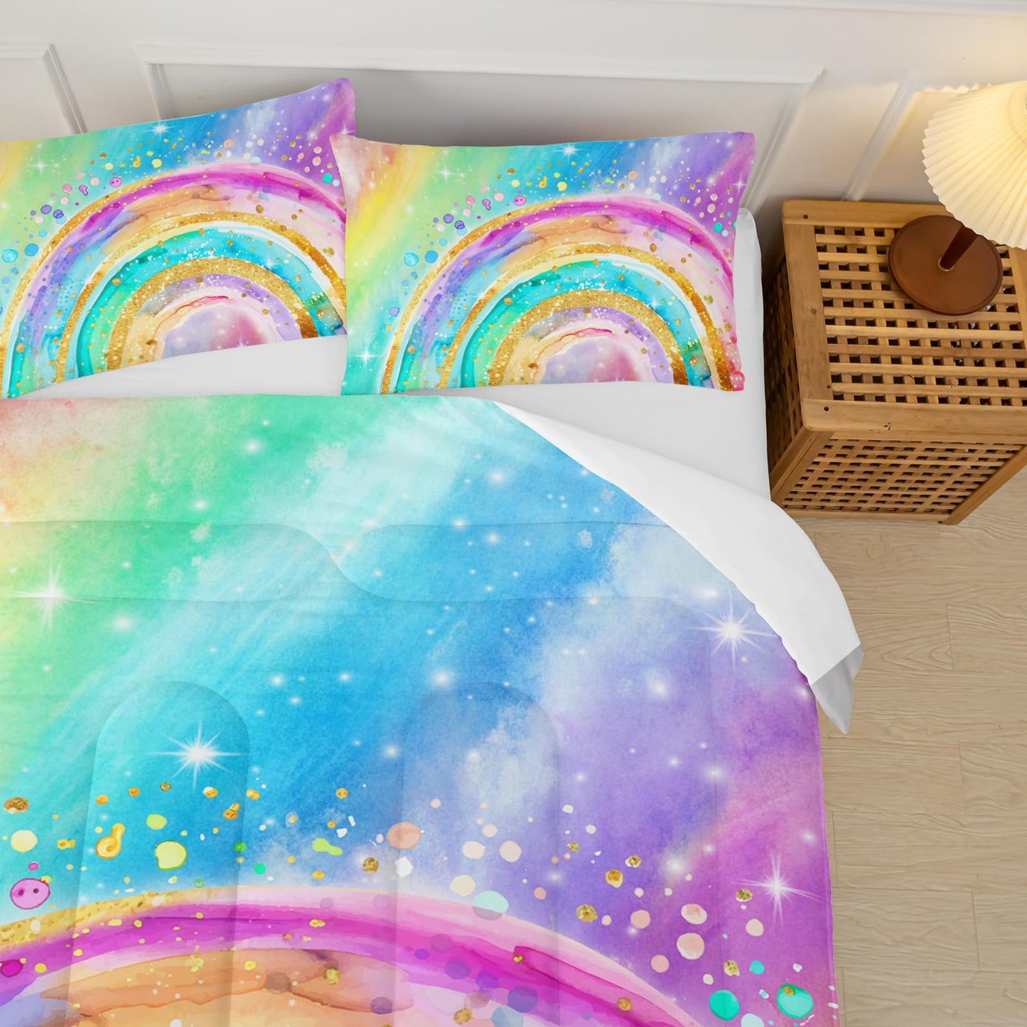 lneffble Cute Rainbow Twin Comforter Set for Girls，Pastel Tie Dye Rainbow Twin Bedding Set Kids，Galaxy Kids Bed Comforter Sets