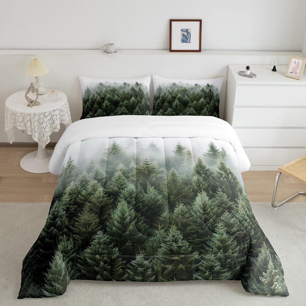 Erosebridal Natural Pineforset Bedding Sets 7 Piece Twin Smoky Mountain Comforter Set Fantasy Fog Magic Tree Bed in A Bag Nature Scenery Theme Quilt with Flat Fitted Sheet for Kids Adults