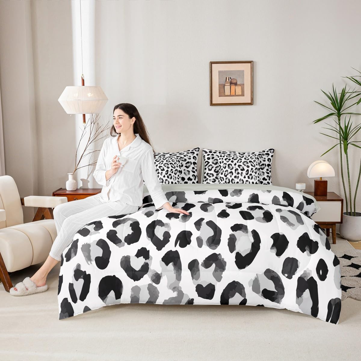 Erosebridal 7 Pcs Comforter Set King Size,Leopard Print Wild Animal Bedding Set for Kids and Adults,Black Grey White African Cheetah Wildlife Bed Sheet Sets with Fitted Sheet Pillowcases & Shams