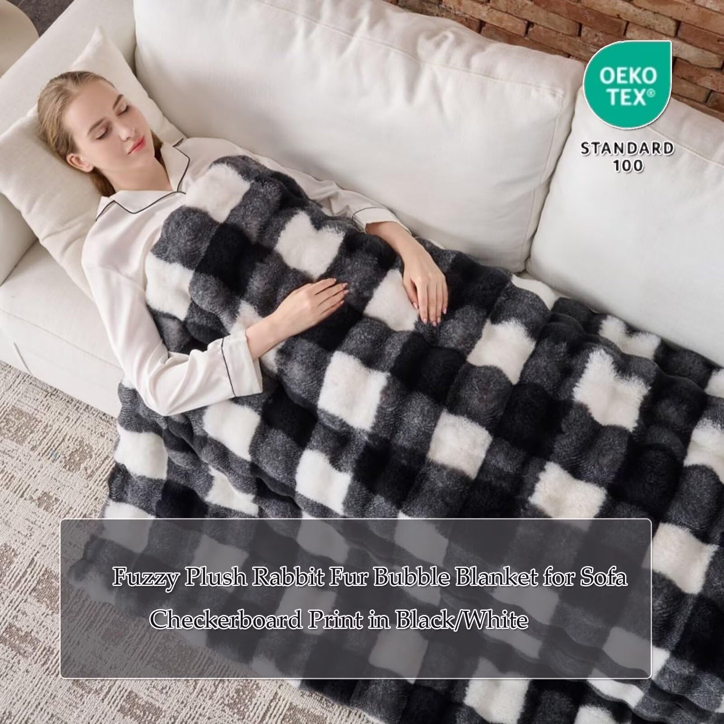 760GSM Faux Rabbit Faux Fur Throw Blanket,Super Thick Warm Bubble Blanket Throw,Fuzzy Luxury Plush Decorative Blanket for Couch Bed Sofa(Checkerboard Print in Black/White,50''x 60'')
