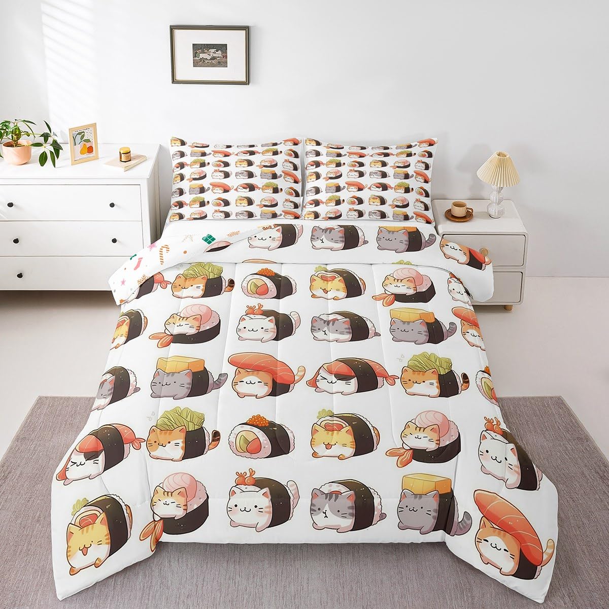 Erosebridal Kids Sushi Comforter Set Queen,Cute Sushi Cat Bedding Set Kawaii Gifts for Girls Teens Women,Japanese Food Quilt Bed Set Anime Style Bedding Comforter Sets with 2 Pillowcases Room Decor