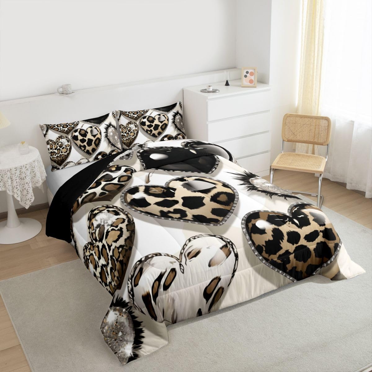 Erosebridal Abstract Geometric Kids Comforter Sets Leopard Love Heart Pattern King Bedding Set for Boys Girls Animal Cheetah Print Comforter Set,Fashion Glamorous Quilt Duvet 3 Pcs
