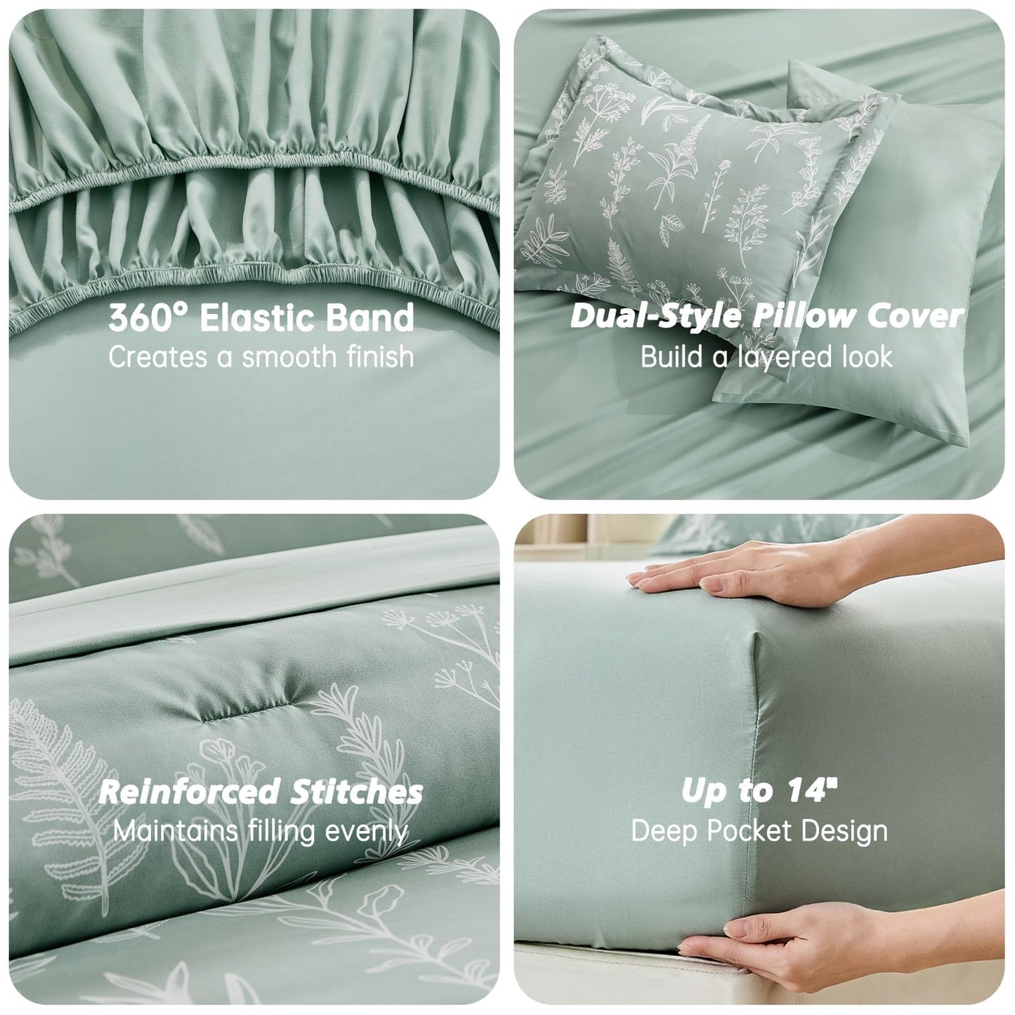 MUXHOMO King Comforter Set 7 Pieces, Sage Green Elegant Floral Print Bed in a Bag King, Ultra Soft & Breathable Reversible Botanical Pattern Bedding Set with Comforter, Sheets, Pillowcases, and Shams