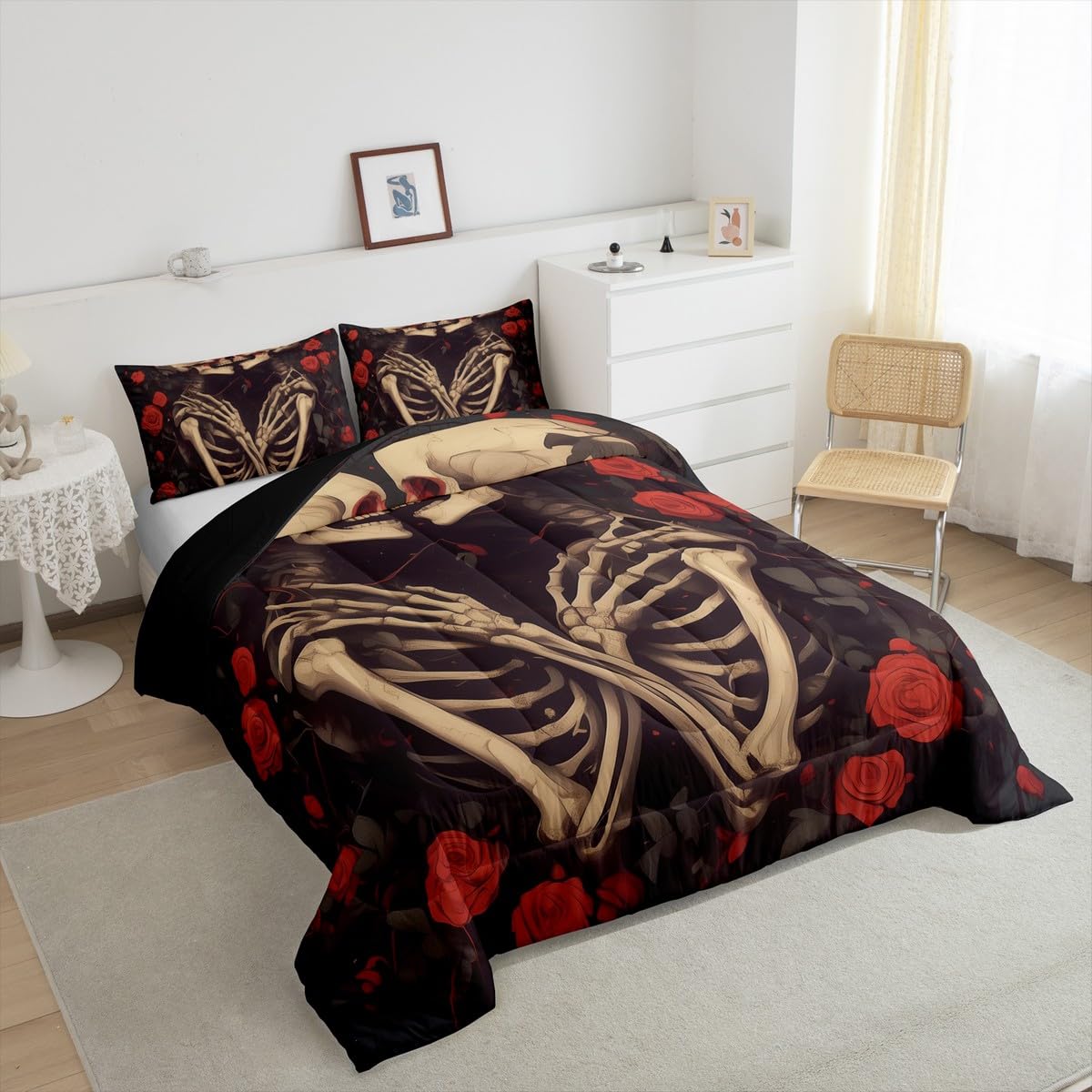 Erosebridal Sugar Skull Down Comforter Queen Size, Gothic Skeleton Bones Comforter Set, Halloween Horror Bedding Set, Rose Flower Quilt for Teens Youth Adult Women Men Room
