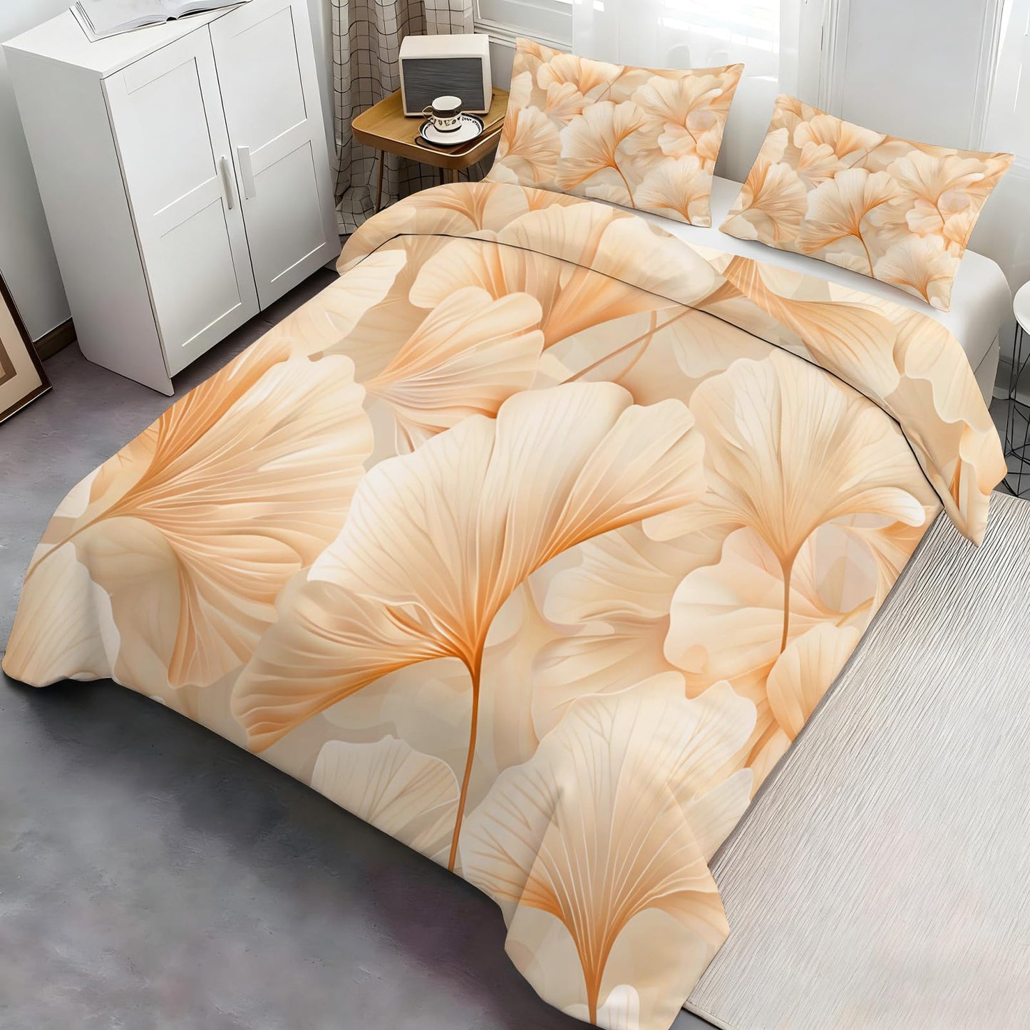 ZAMODE Leaf Duvet Cover Full Size, Luxury Flowers Leaf Comforter Cover 80" x 90" & 2 Pillowcases, Modern Plant Bedding Set with Zipper Ties